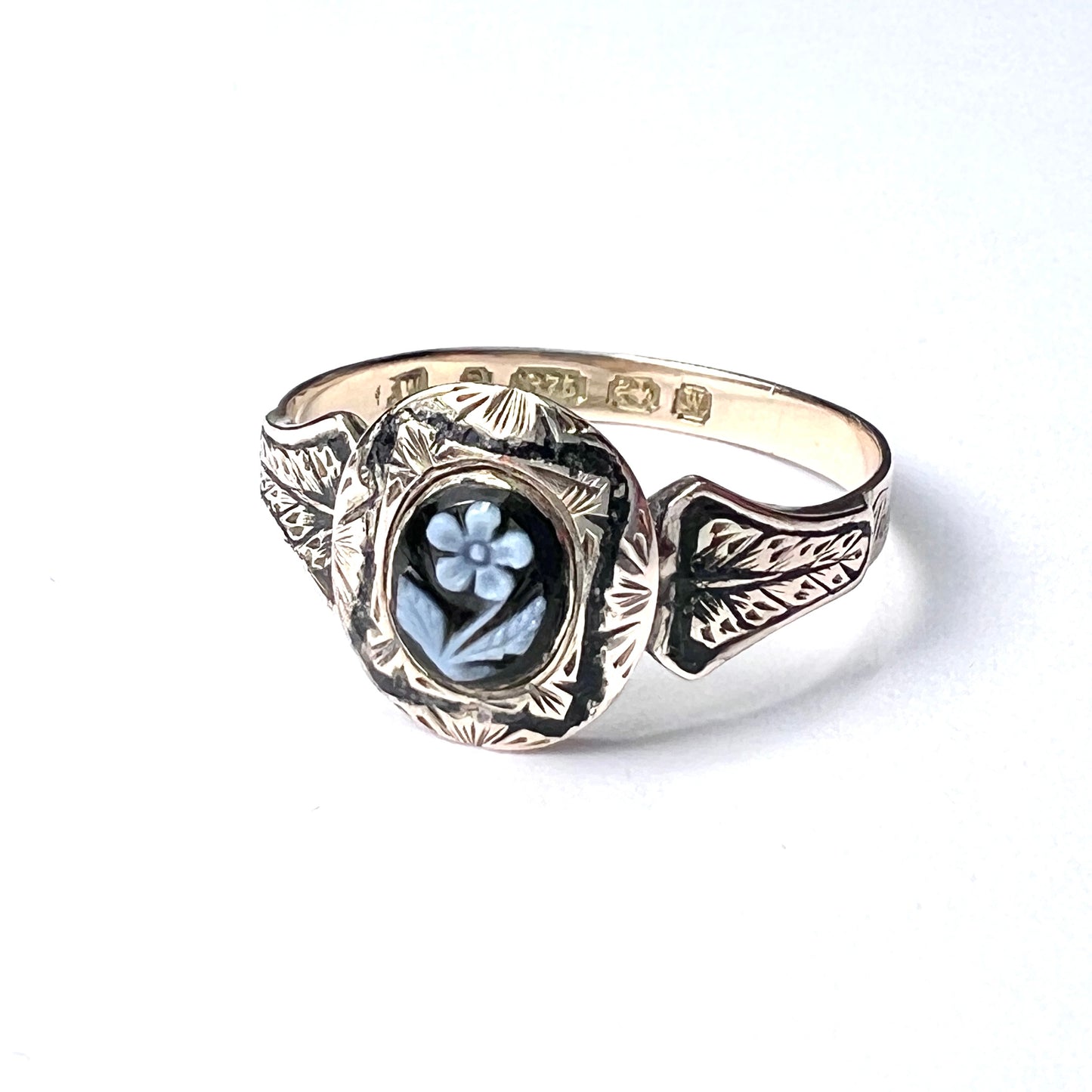 Victorian 9CT Gold Enamel Forget Me Not Memorial Ring