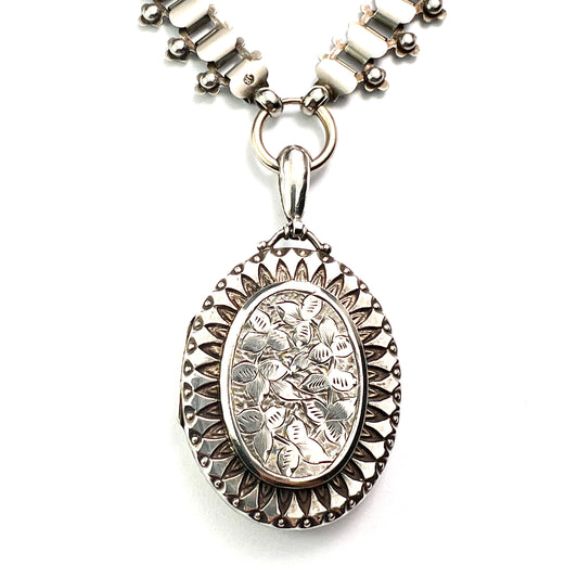 Victorian Large Locket Silver Book Chain Necklace