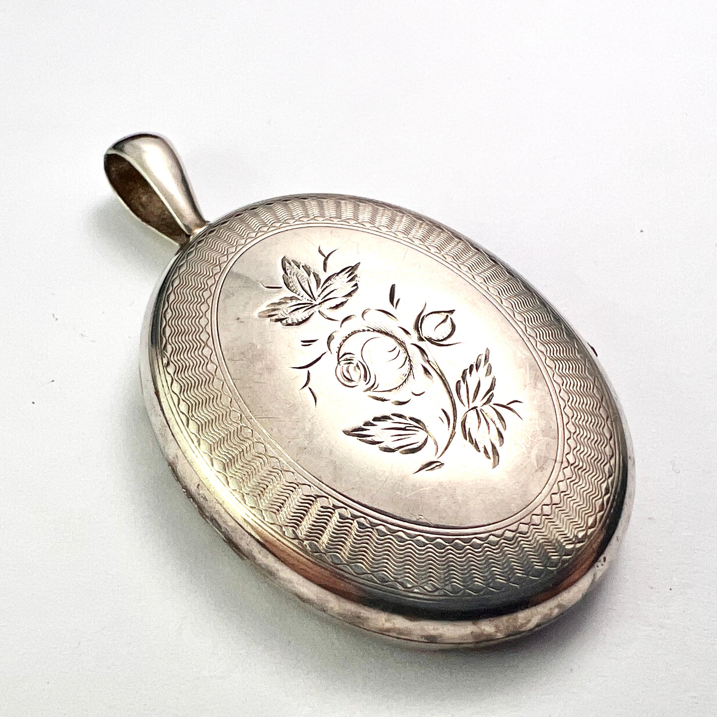 Large Victorian Flower Engraved Silver Locket