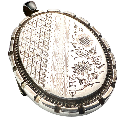 Large Victorian Flower Engraved Silver Locket