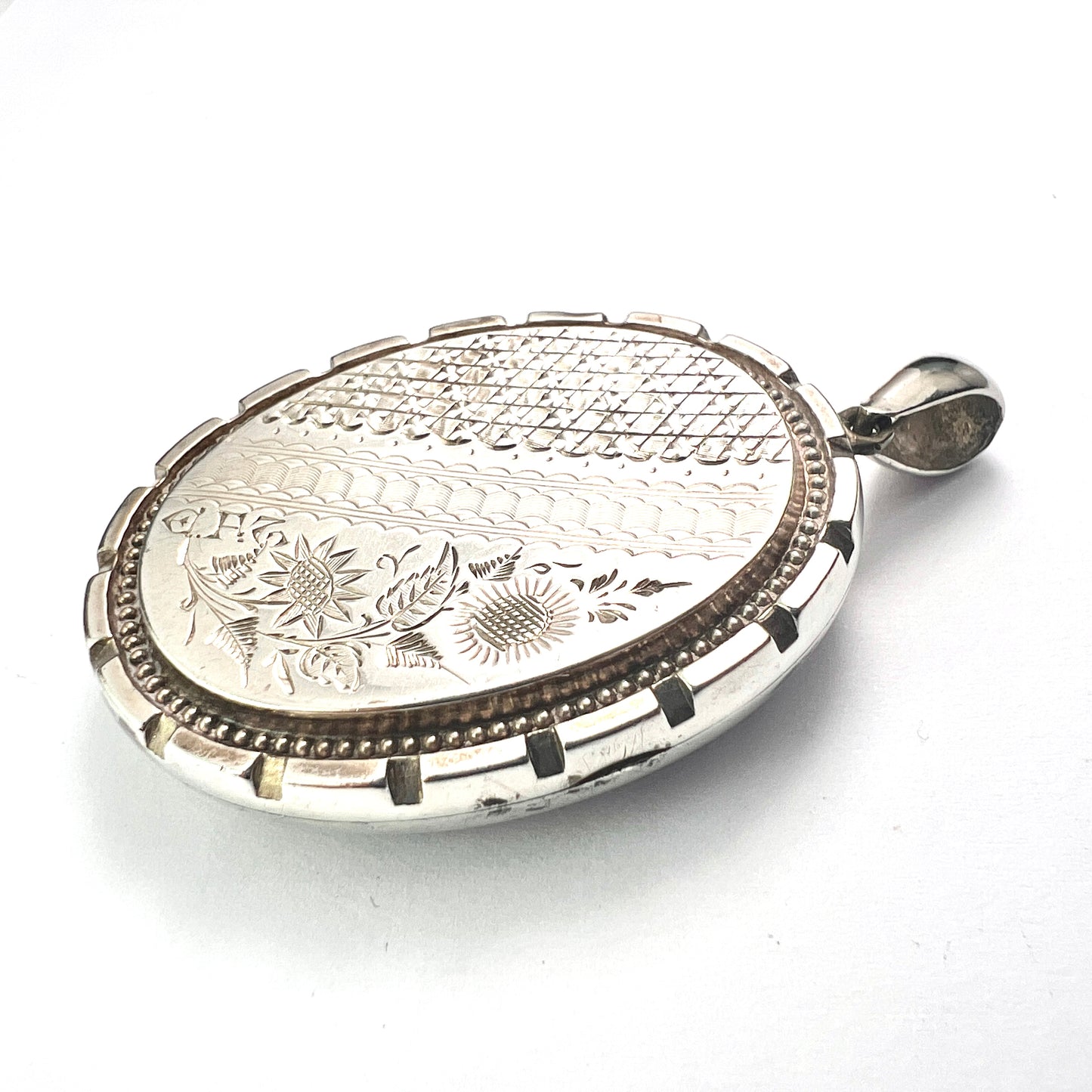 Large Victorian Flower Engraved Silver Locket