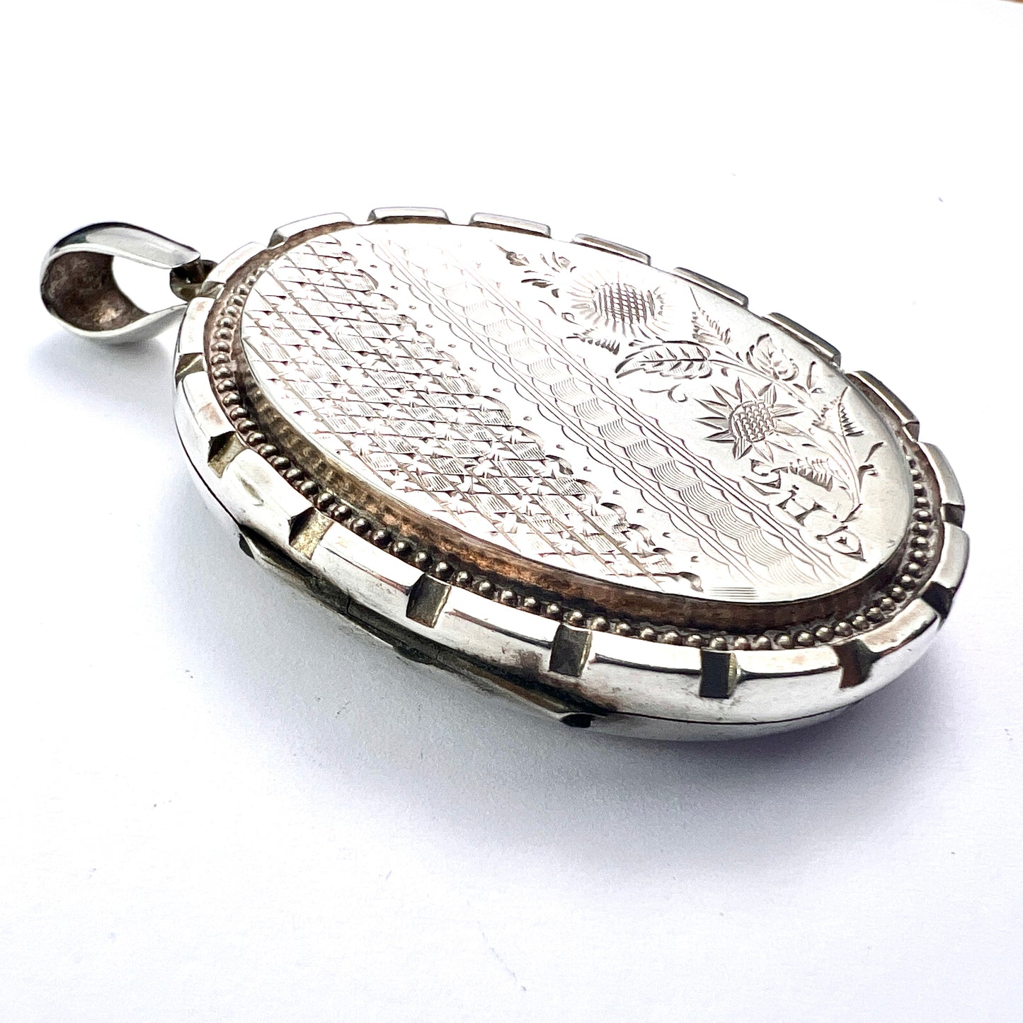 Large Victorian Flower Engraved Silver Locket