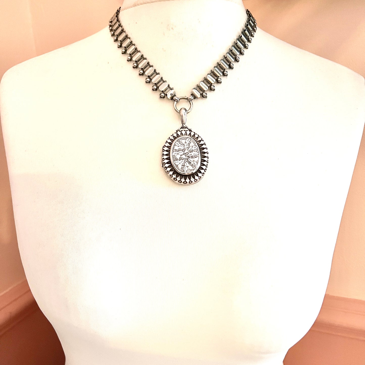Victorian Large Locket Silver Book Chain Necklace