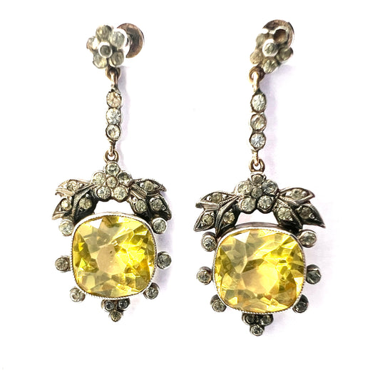 Victorian Cushion-cut Citrine Paste Silver Screwback Earrings