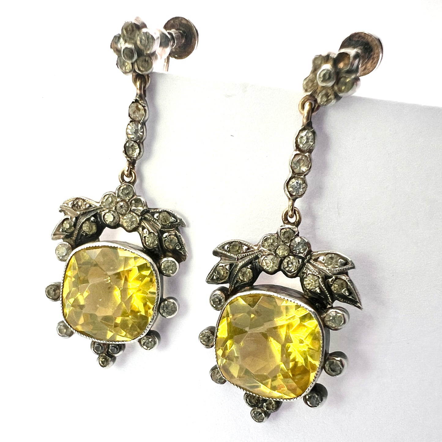 Victorian Cushion-cut Citrine Paste Silver Screwback Earrings