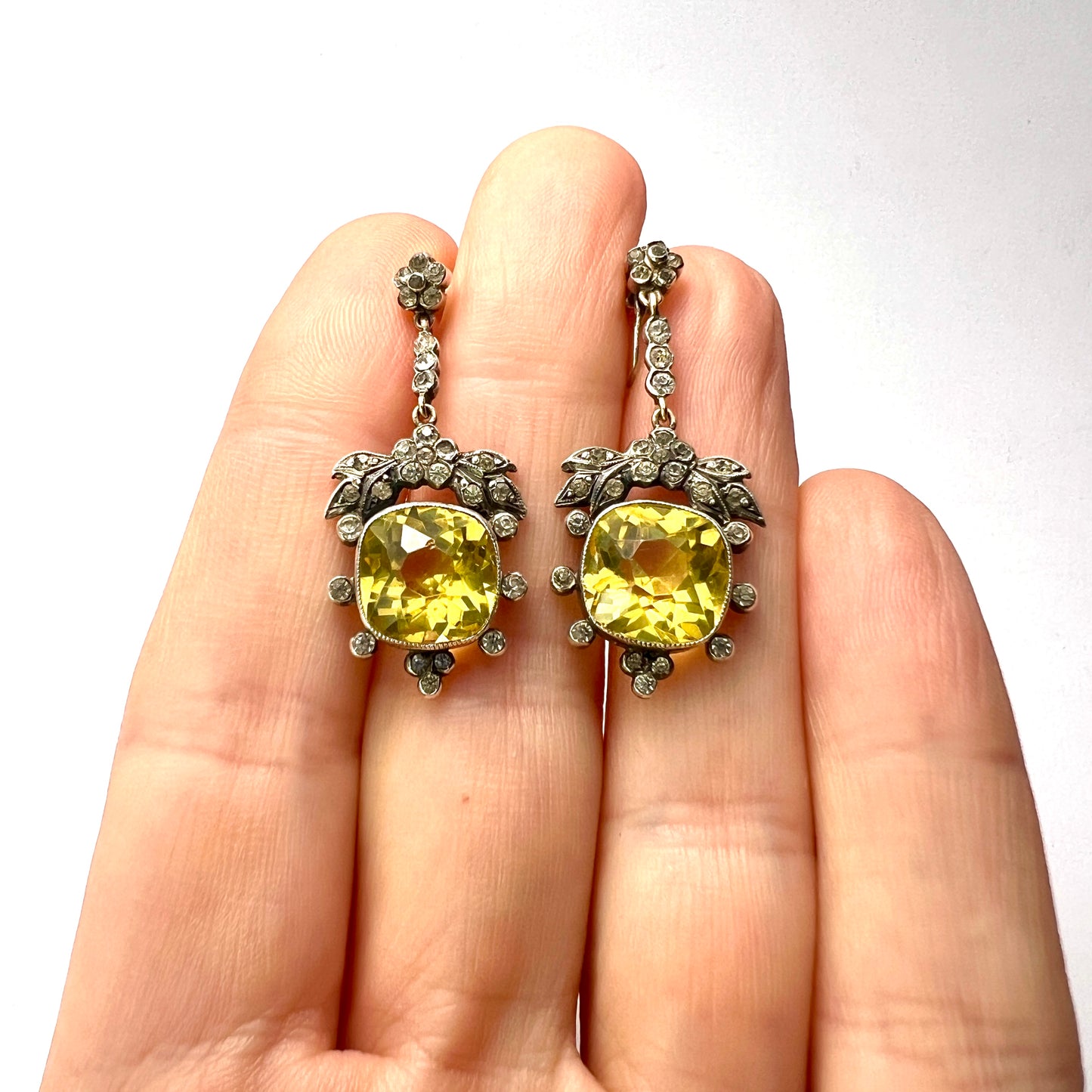 Victorian Cushion-cut Citrine Paste Silver Screwback Earrings