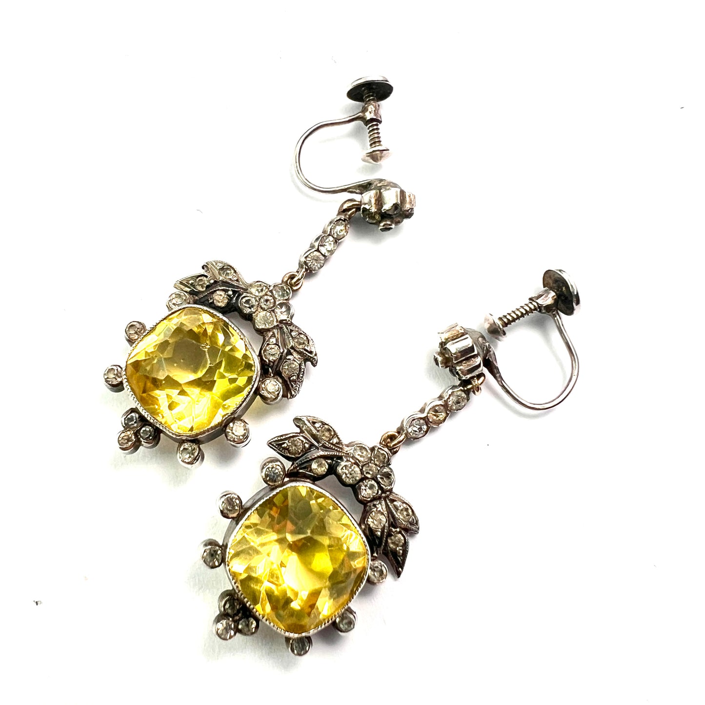 Victorian Cushion-cut Citrine Paste Silver Screwback Earrings