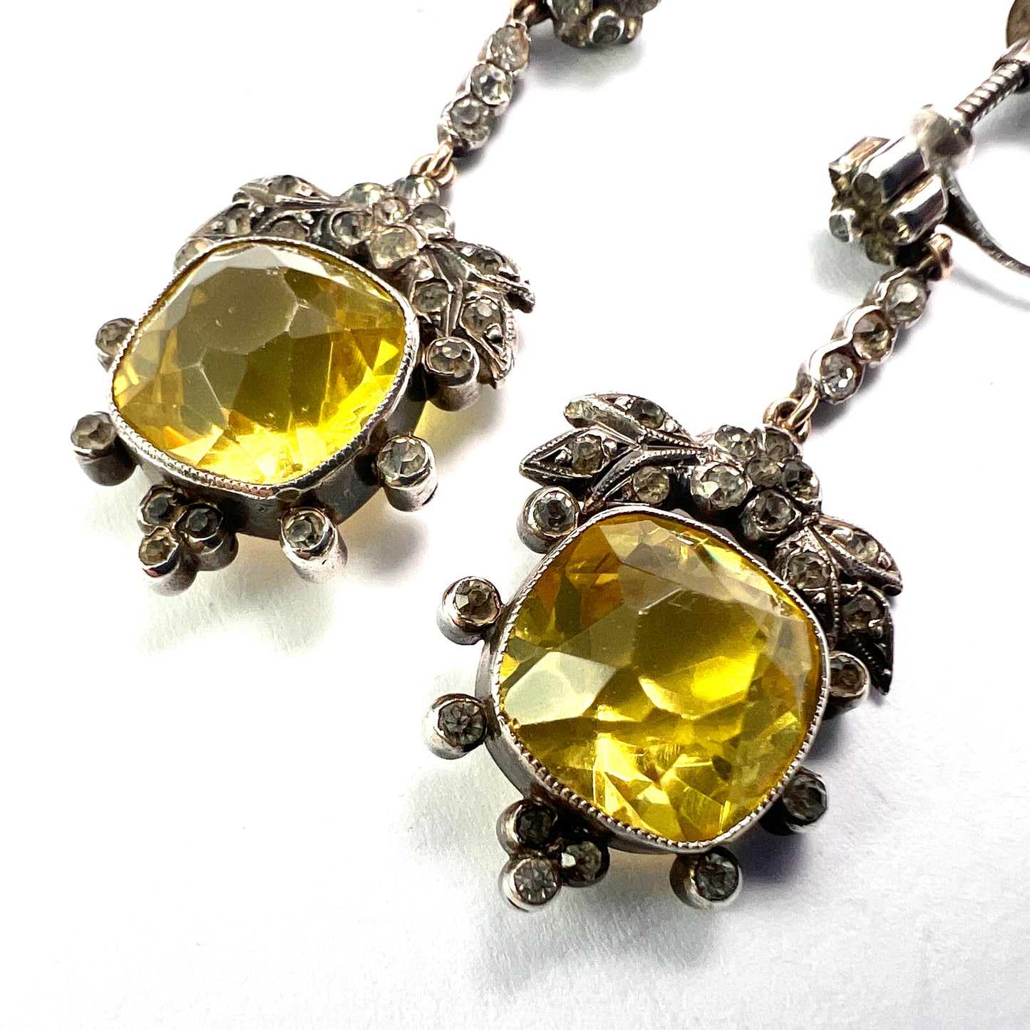 Victorian Cushion-cut Citrine Paste Silver Screwback Earrings