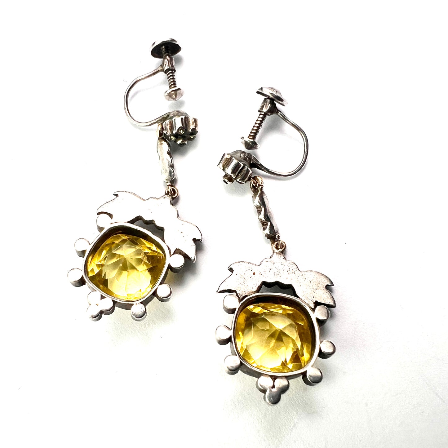 Victorian Cushion-cut Citrine Paste Silver Screwback Earrings