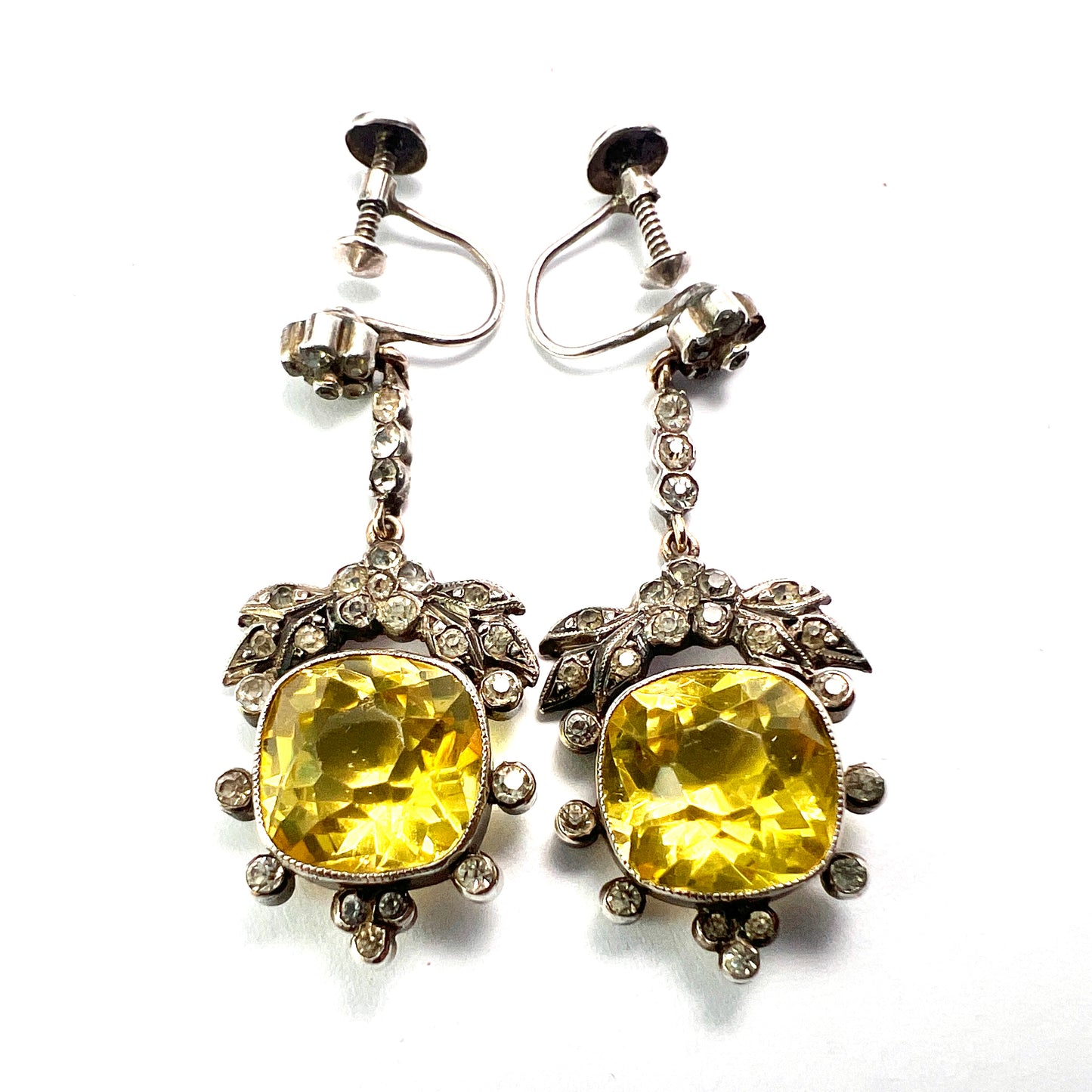 Victorian Cushion-cut Citrine Paste Silver Screwback Earrings