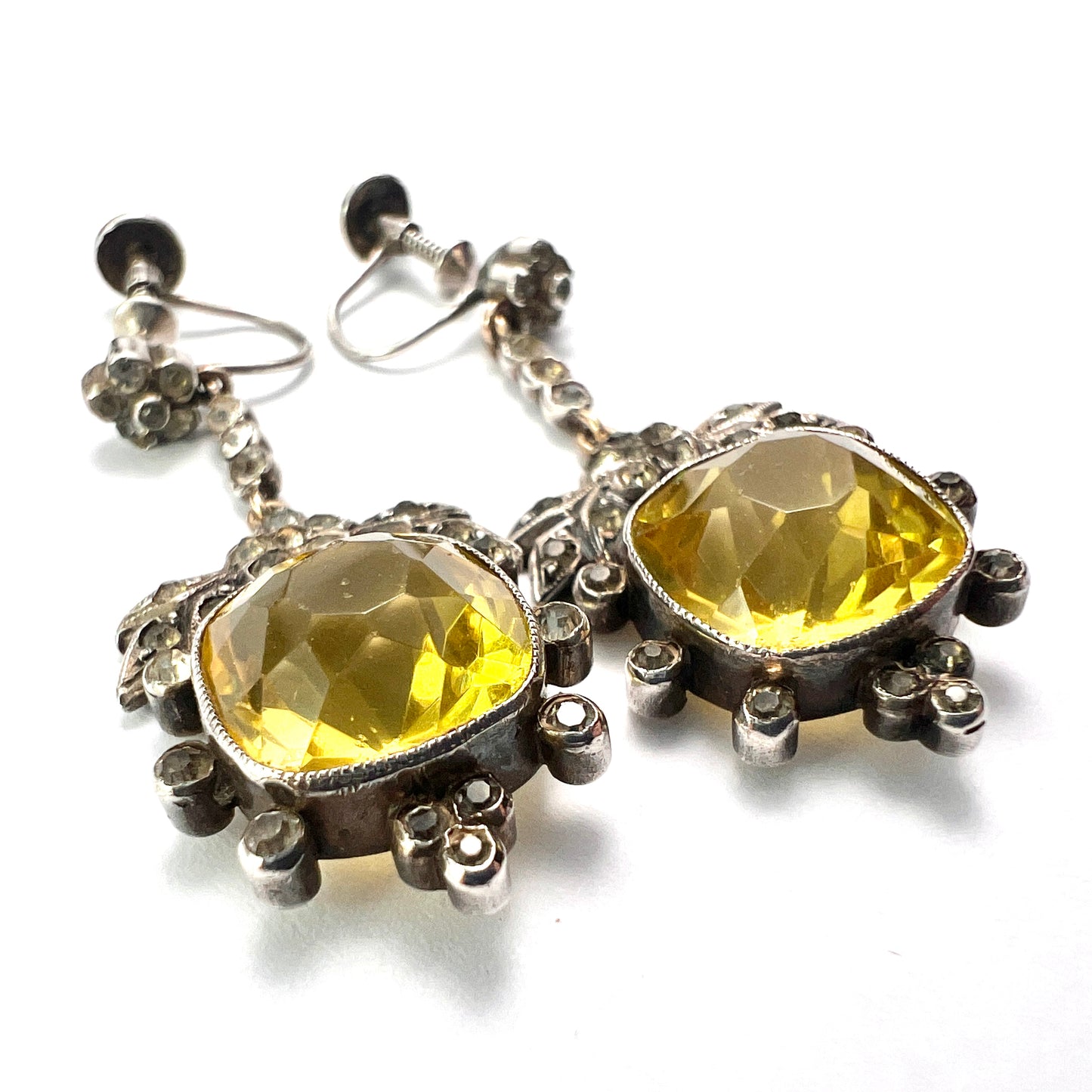 Victorian Cushion-cut Citrine Paste Silver Screwback Earrings