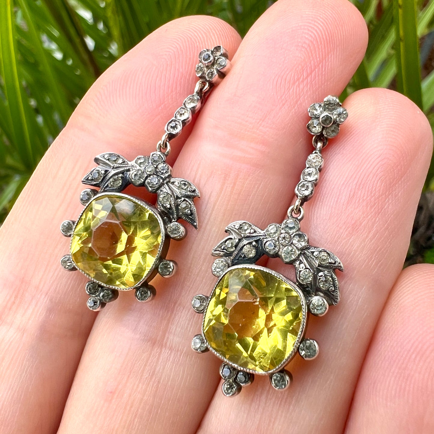 Victorian Cushion-cut Citrine Paste Silver Screwback Earrings