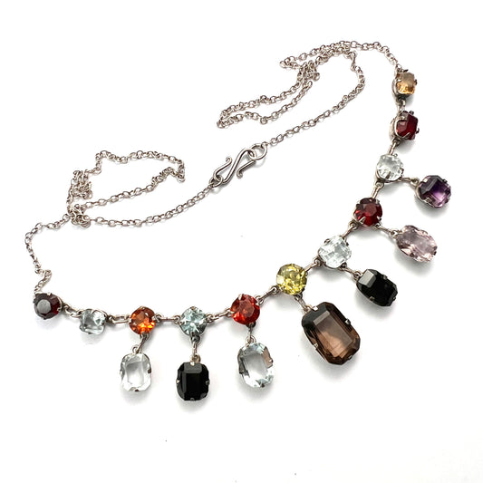 Edwardian Silver Tutti Frutti Harlequin Gemstone Necklace