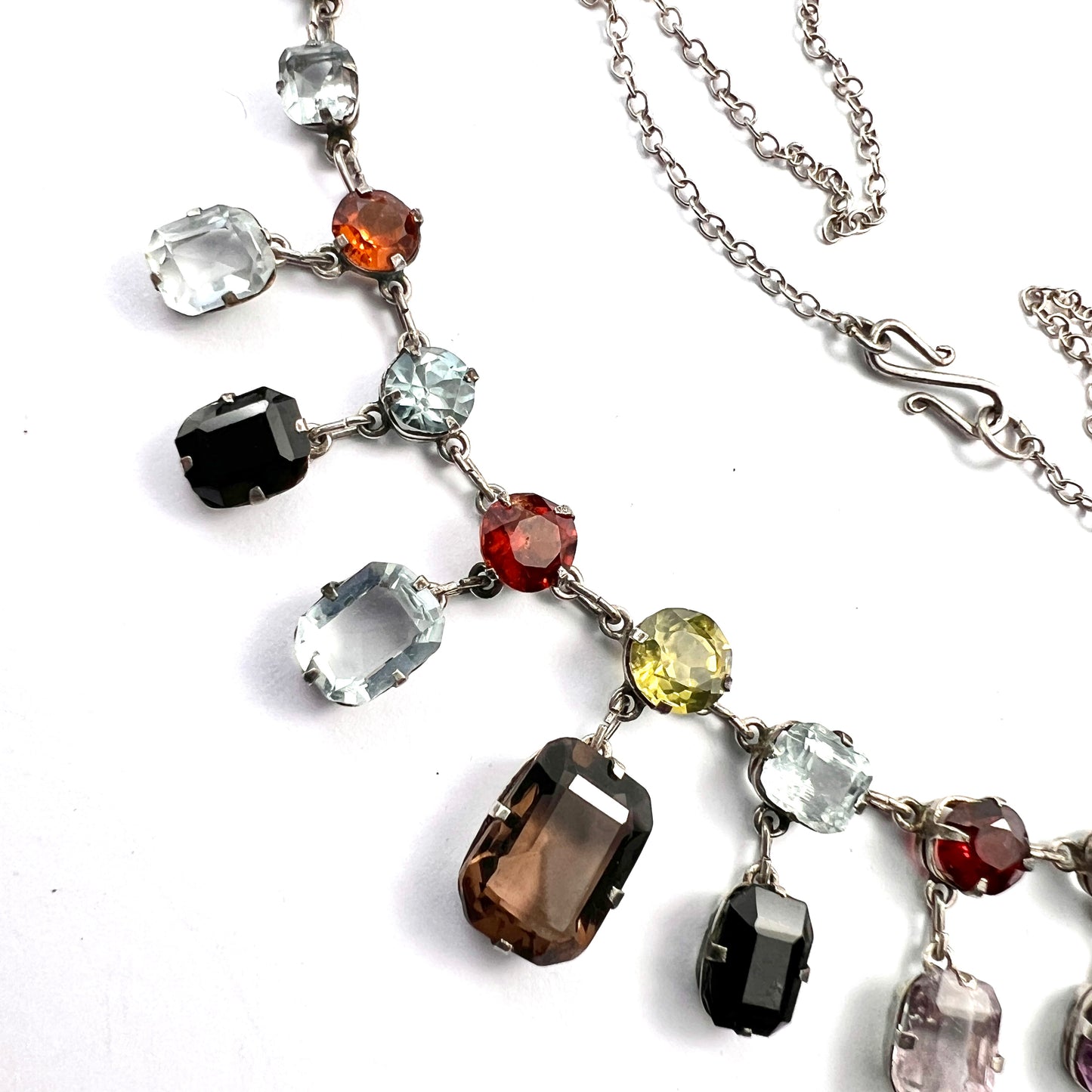 Edwardian Silver Tutti Frutti Harlequin Gemstone Necklace