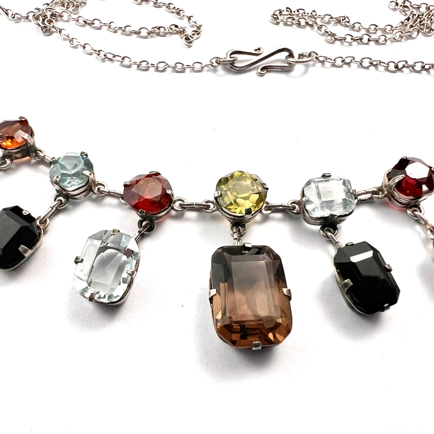 Edwardian Silver Tutti Frutti Harlequin Gemstone Necklace