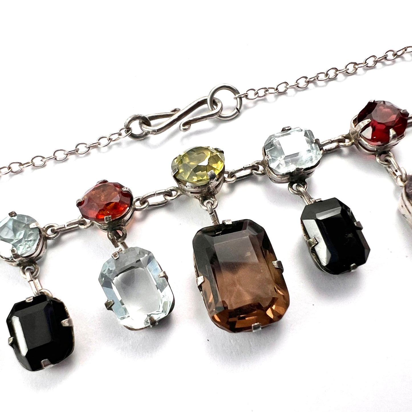 Edwardian Silver Tutti Frutti Harlequin Gemstone Necklace