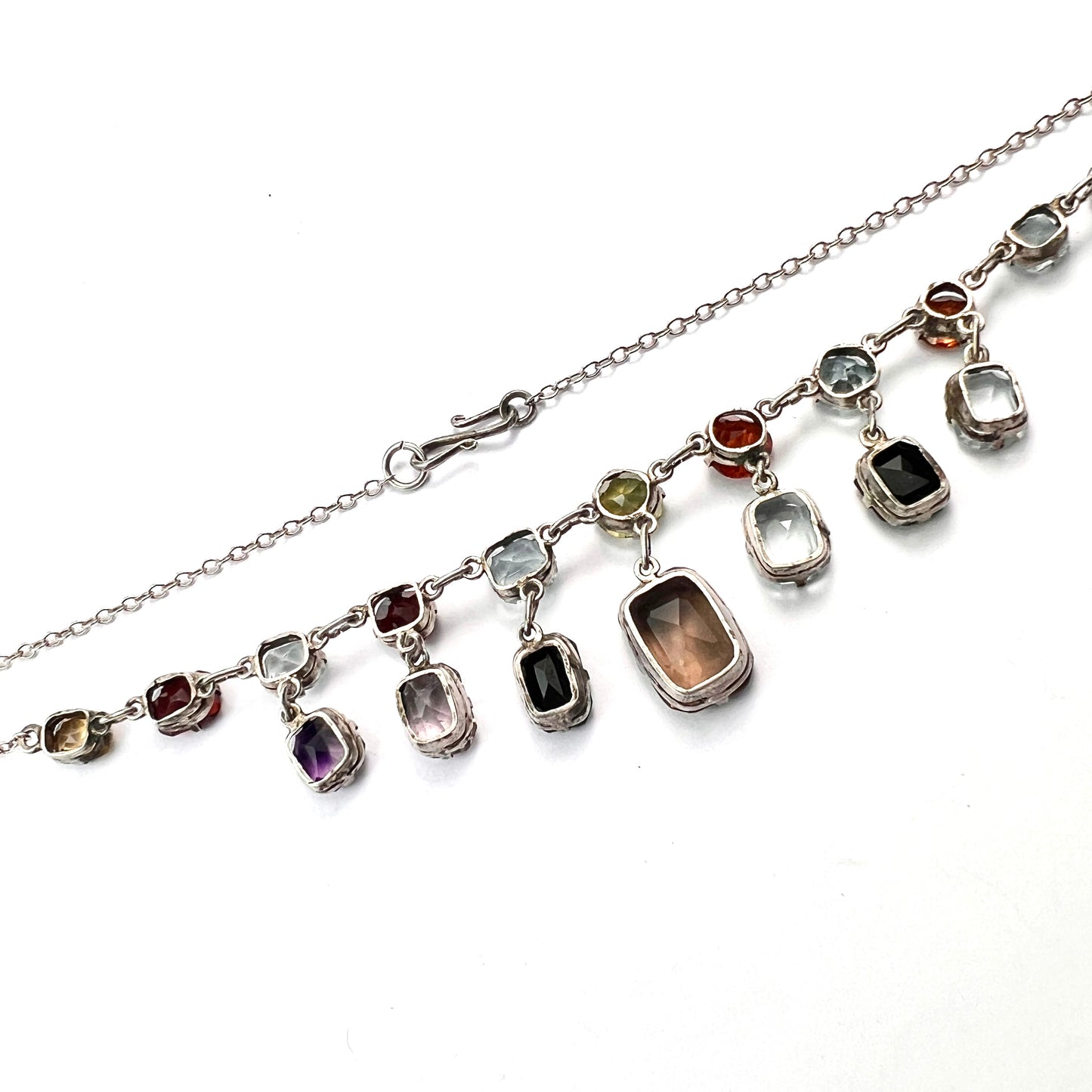 Edwardian Silver Tutti Frutti Harlequin Gemstone Necklace