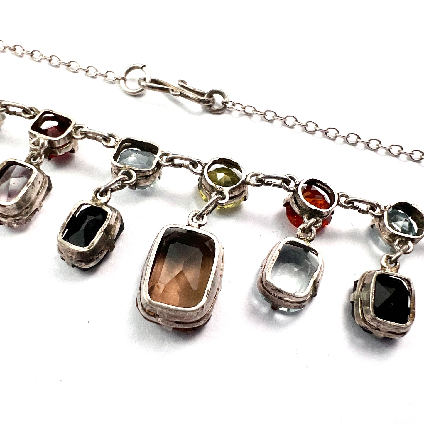 Edwardian Silver Tutti Frutti Harlequin Gemstone Necklace