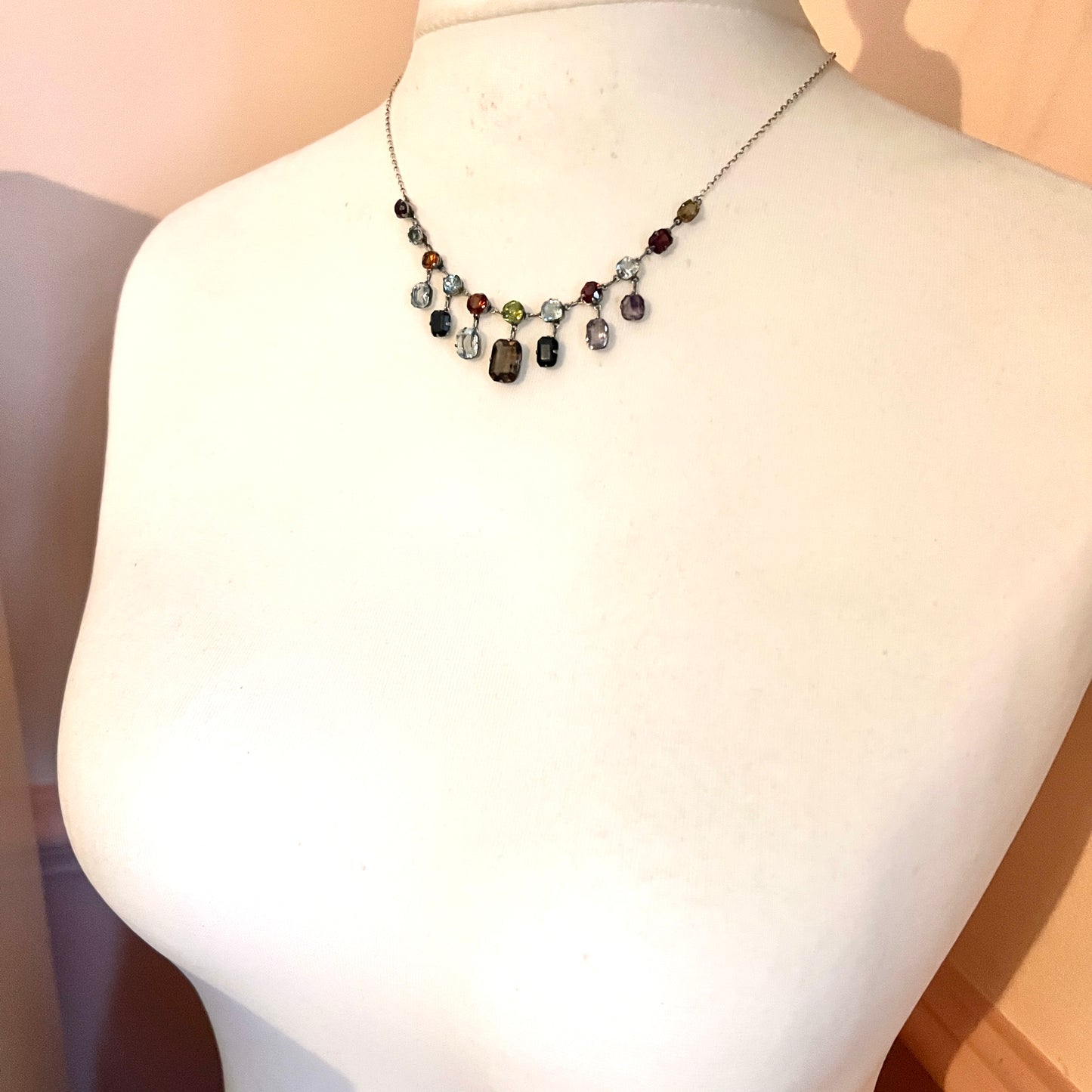 Edwardian Silver Tutti Frutti Harlequin Gemstone Necklace