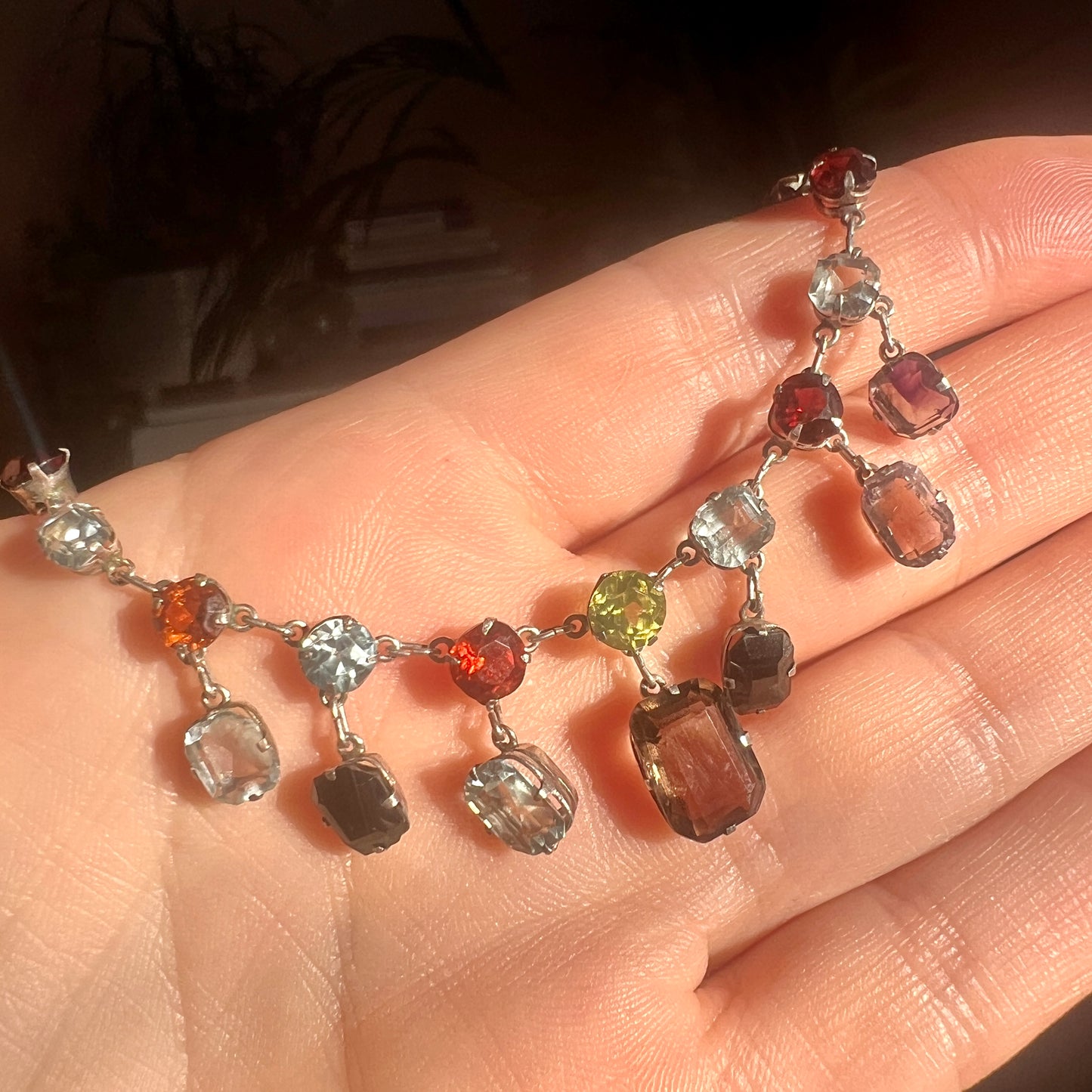 Edwardian Silver Tutti Frutti Harlequin Gemstone Necklace