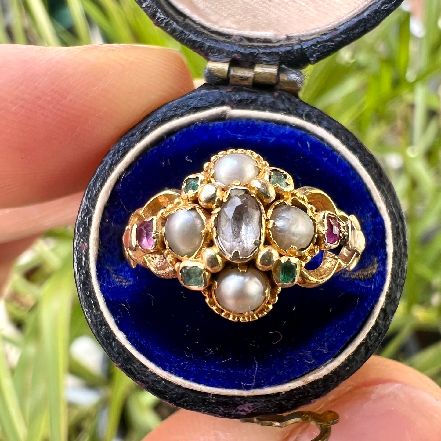 Georgian Pearl, Ruby, Emerald Gold Locket Ring