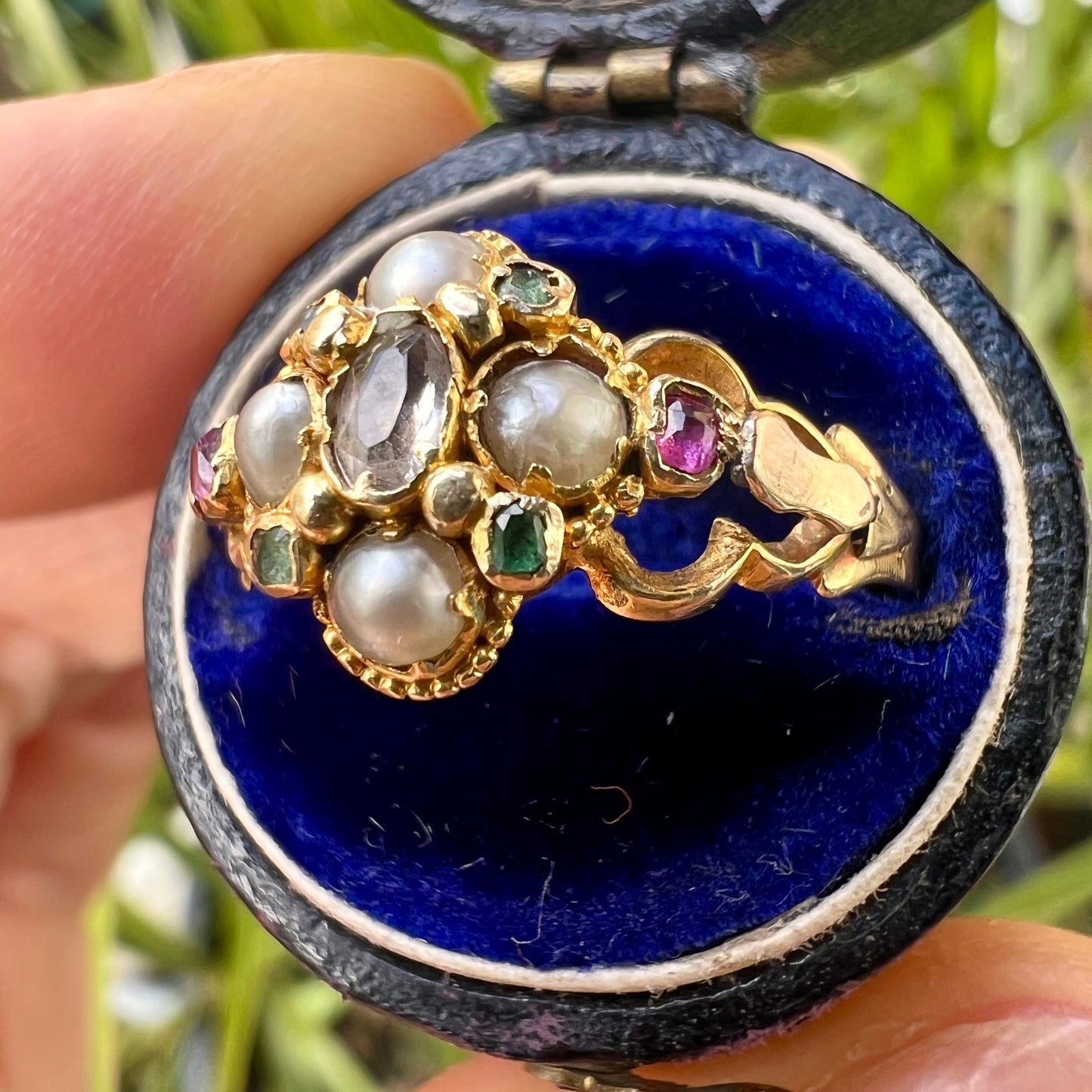 Georgian Pearl, Ruby, Emerald Gold Locket Ring