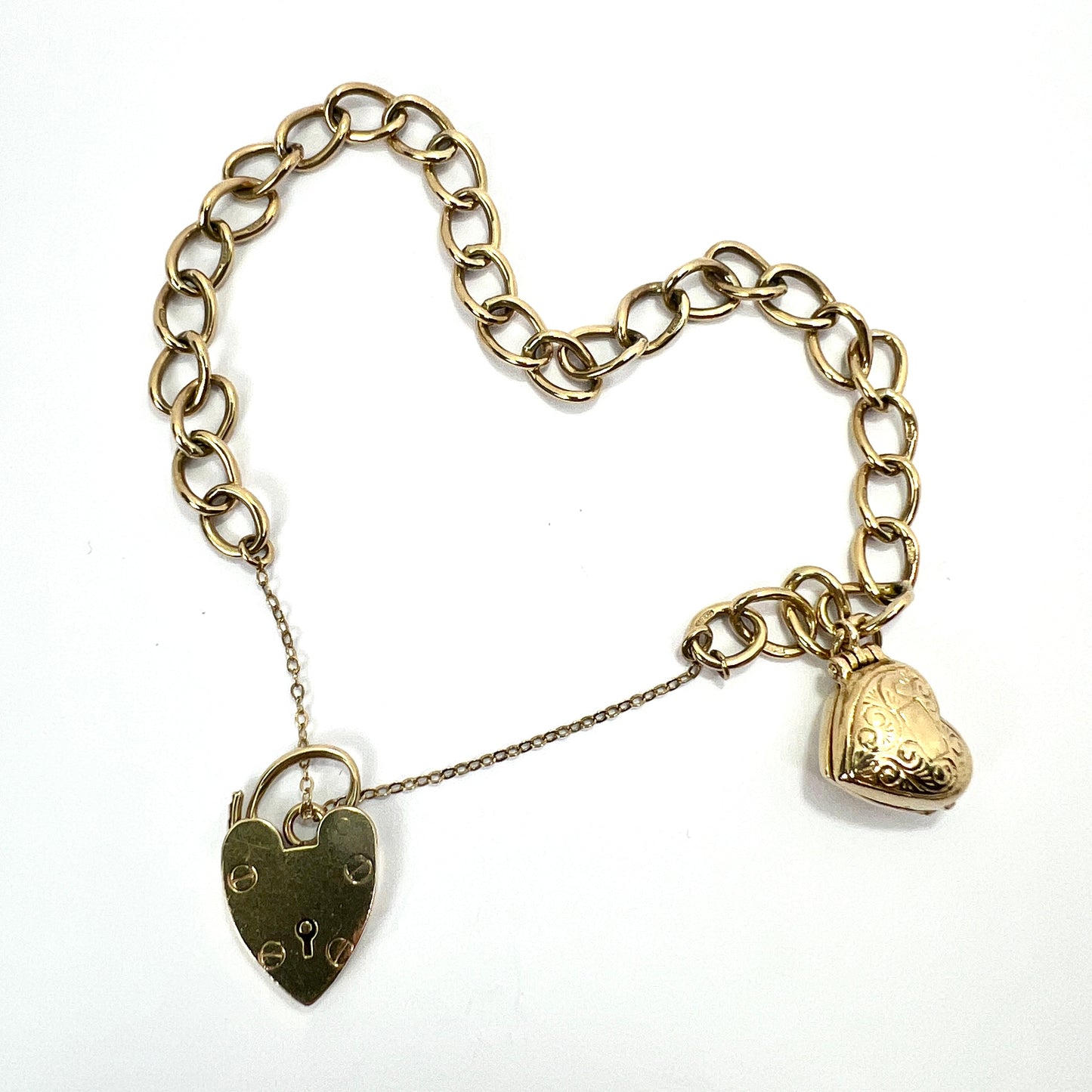 Vintage 9CT Gold Padlock Bracelet with Opening Puffy Heart Charm