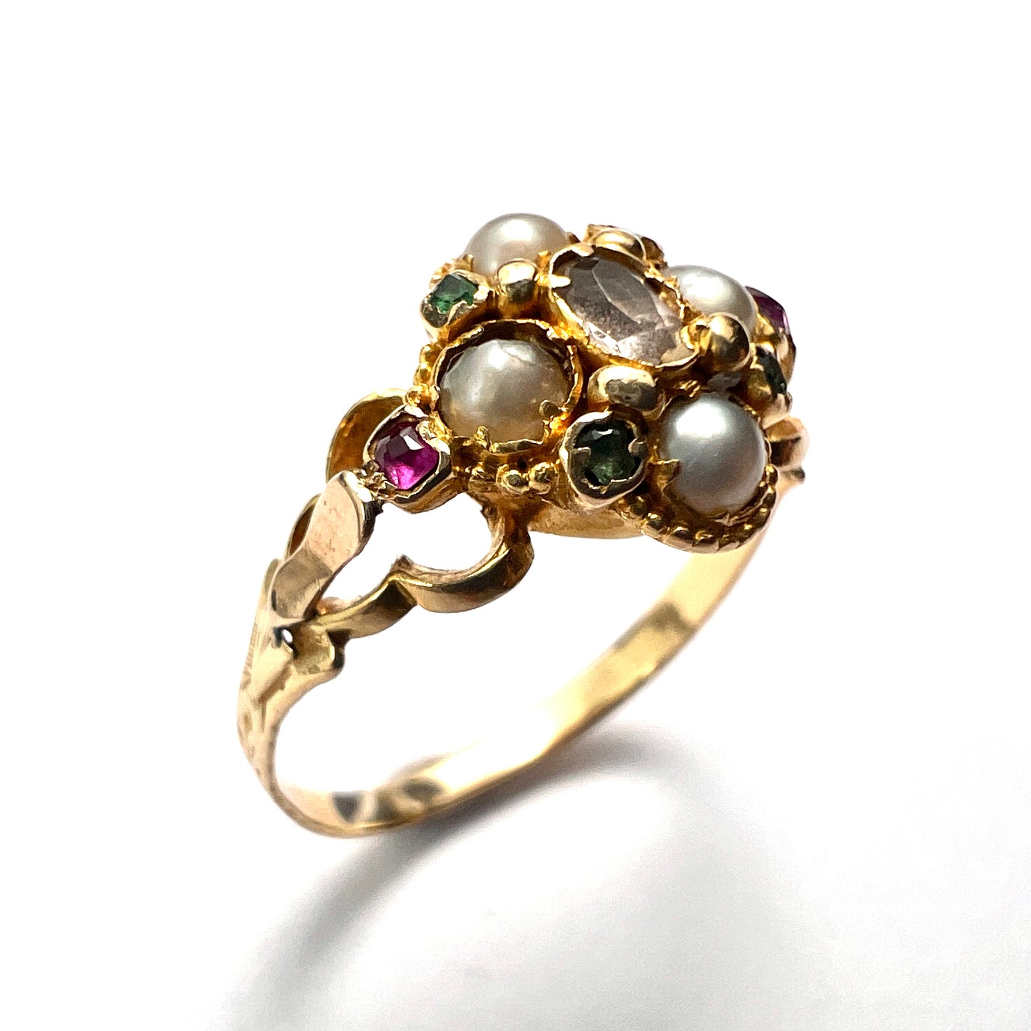 Georgian Pearl, Ruby, Emerald Gold Locket Ring