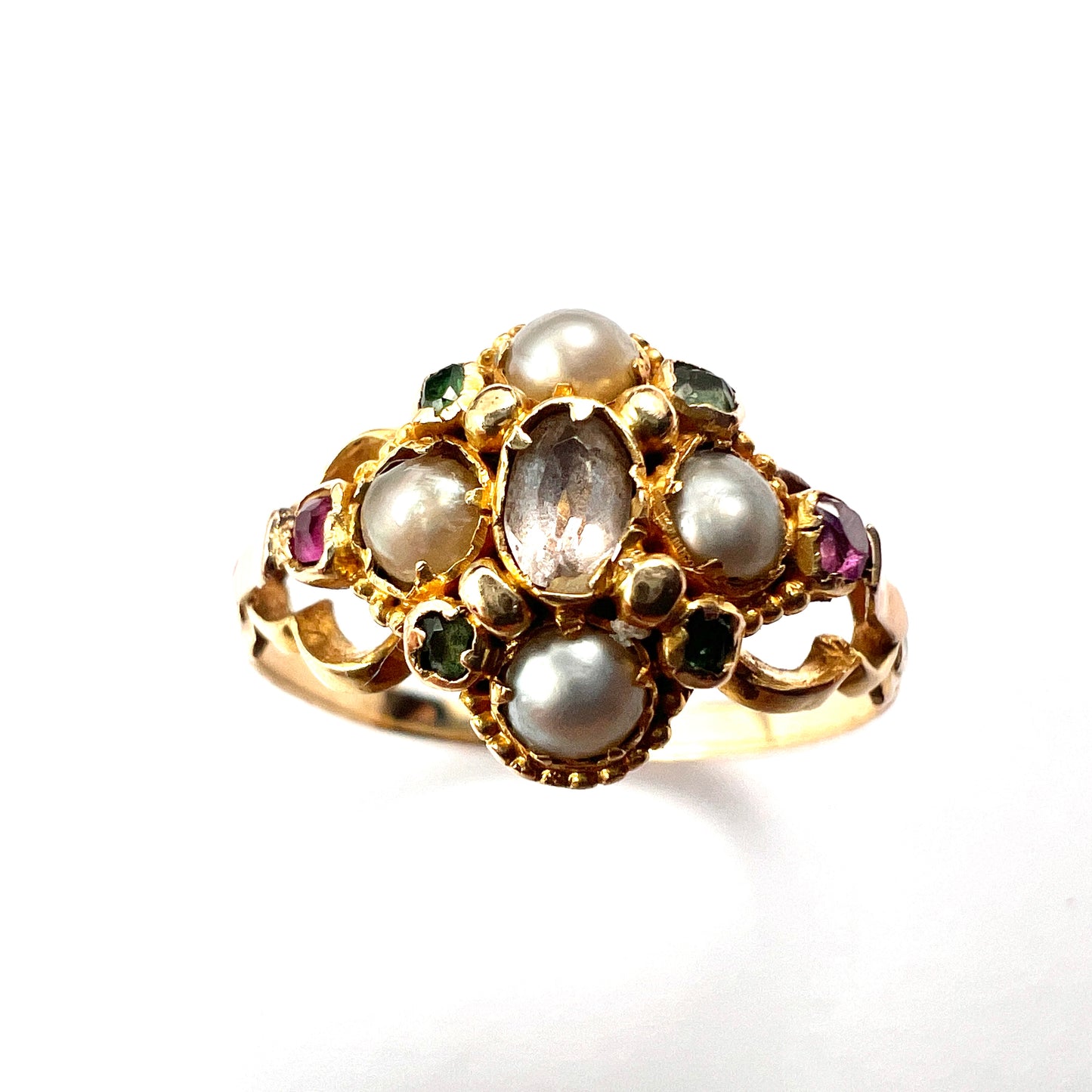 Georgian Pearl, Ruby, Emerald Gold Locket Ring