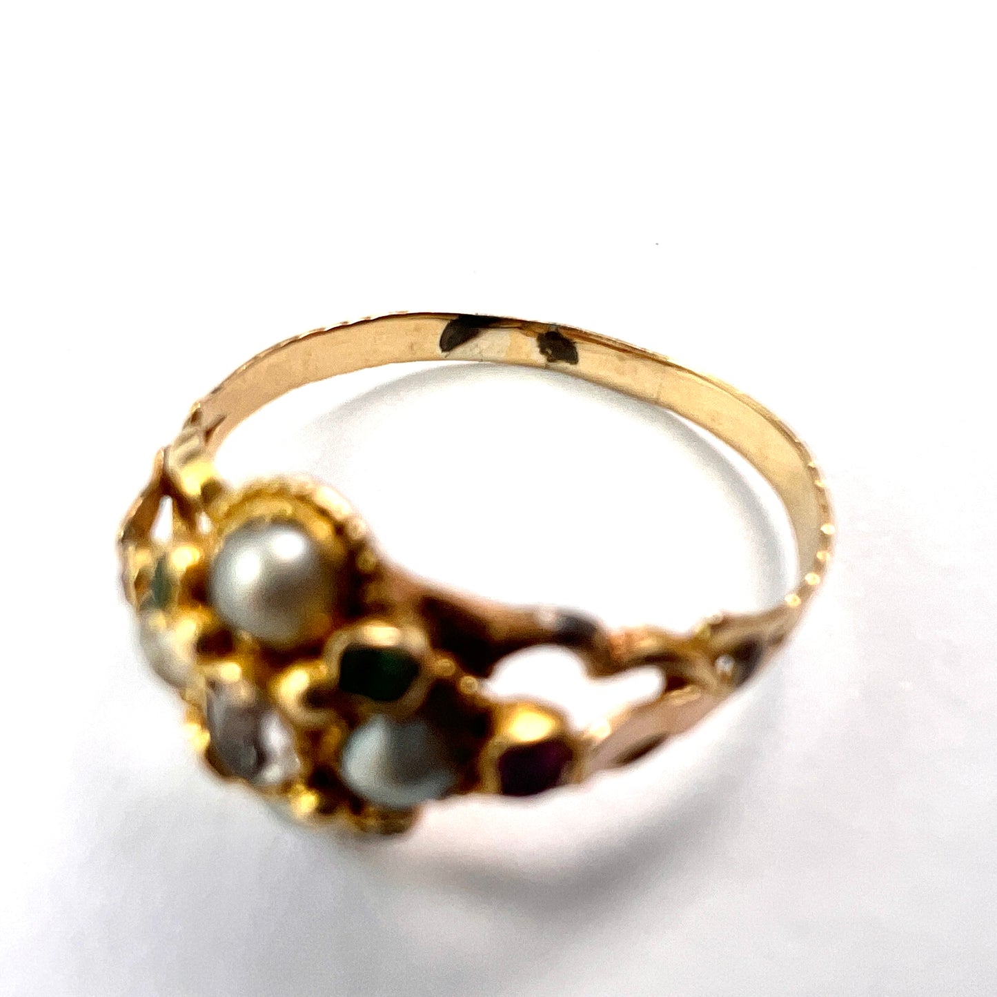 Georgian Pearl, Ruby, Emerald Gold Locket Ring