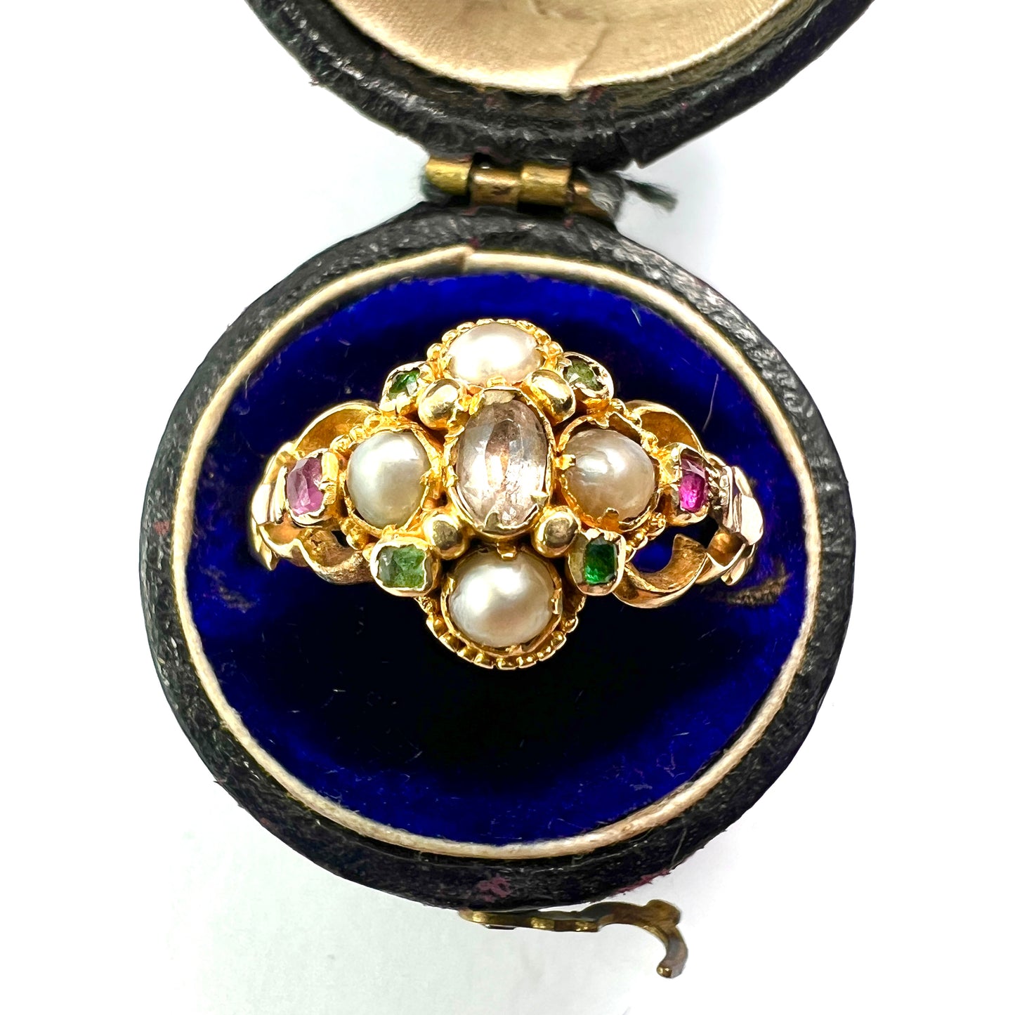 Georgian Pearl, Ruby, Emerald Gold Locket Ring