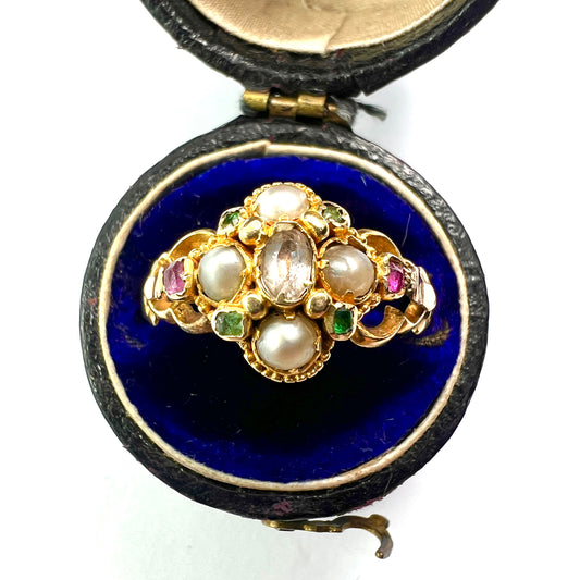 Georgian Pearl, Ruby, Emerald Gold Locket Ring