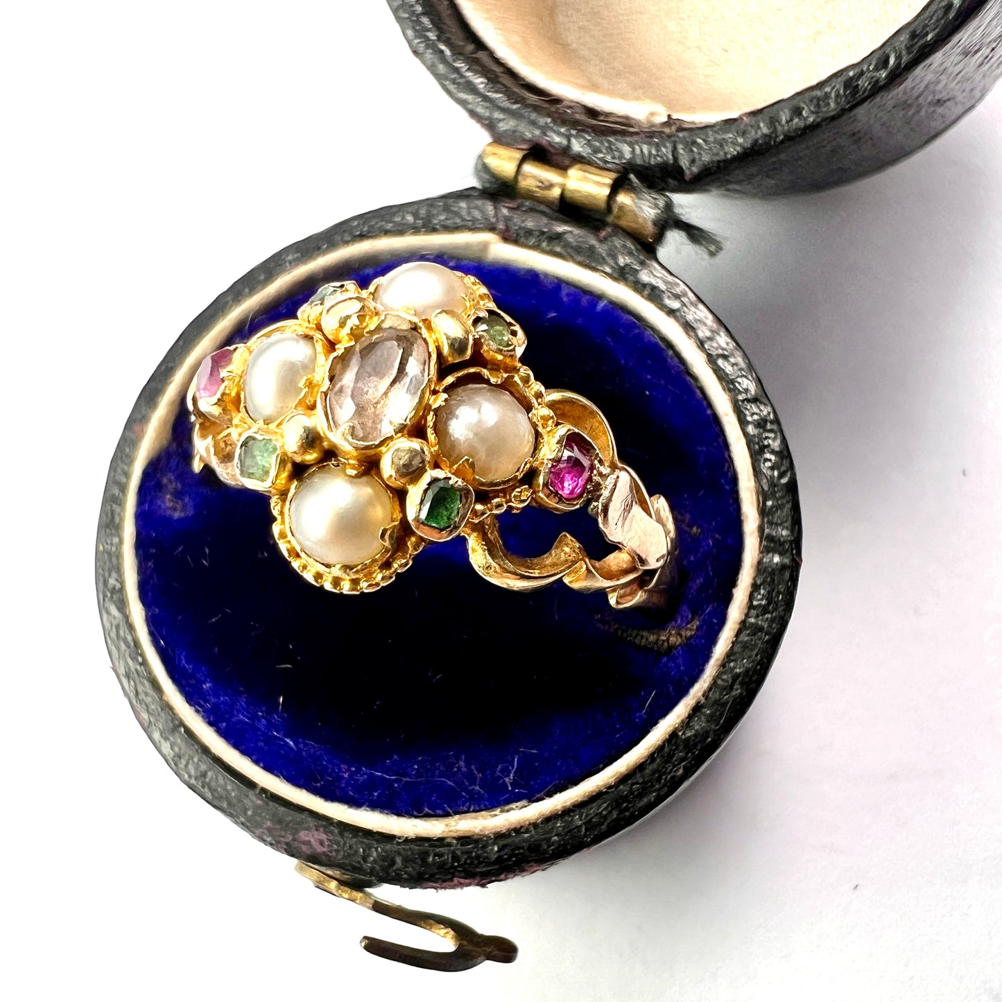 Georgian Pearl, Ruby, Emerald Gold Locket Ring