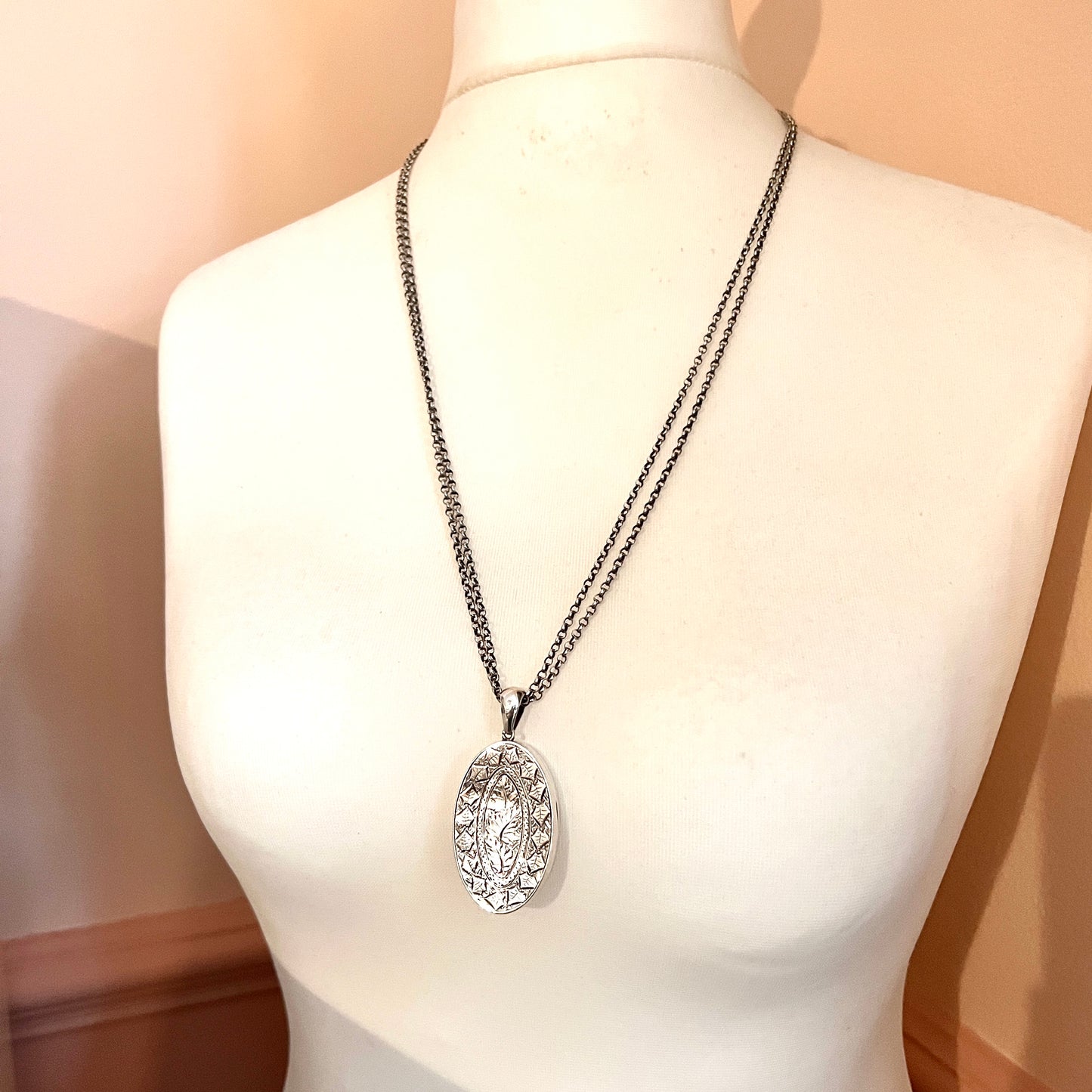 Victorian Large Locket Silver Chain Necklace