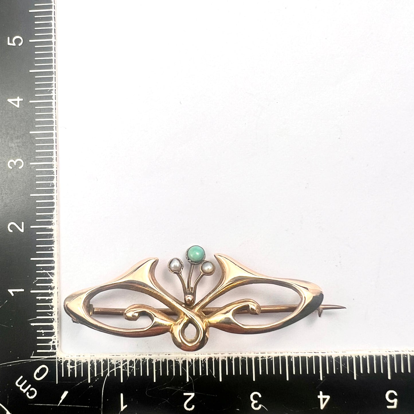 Victorian Art Nouveau Turquoise and Pearl Gold Brooch