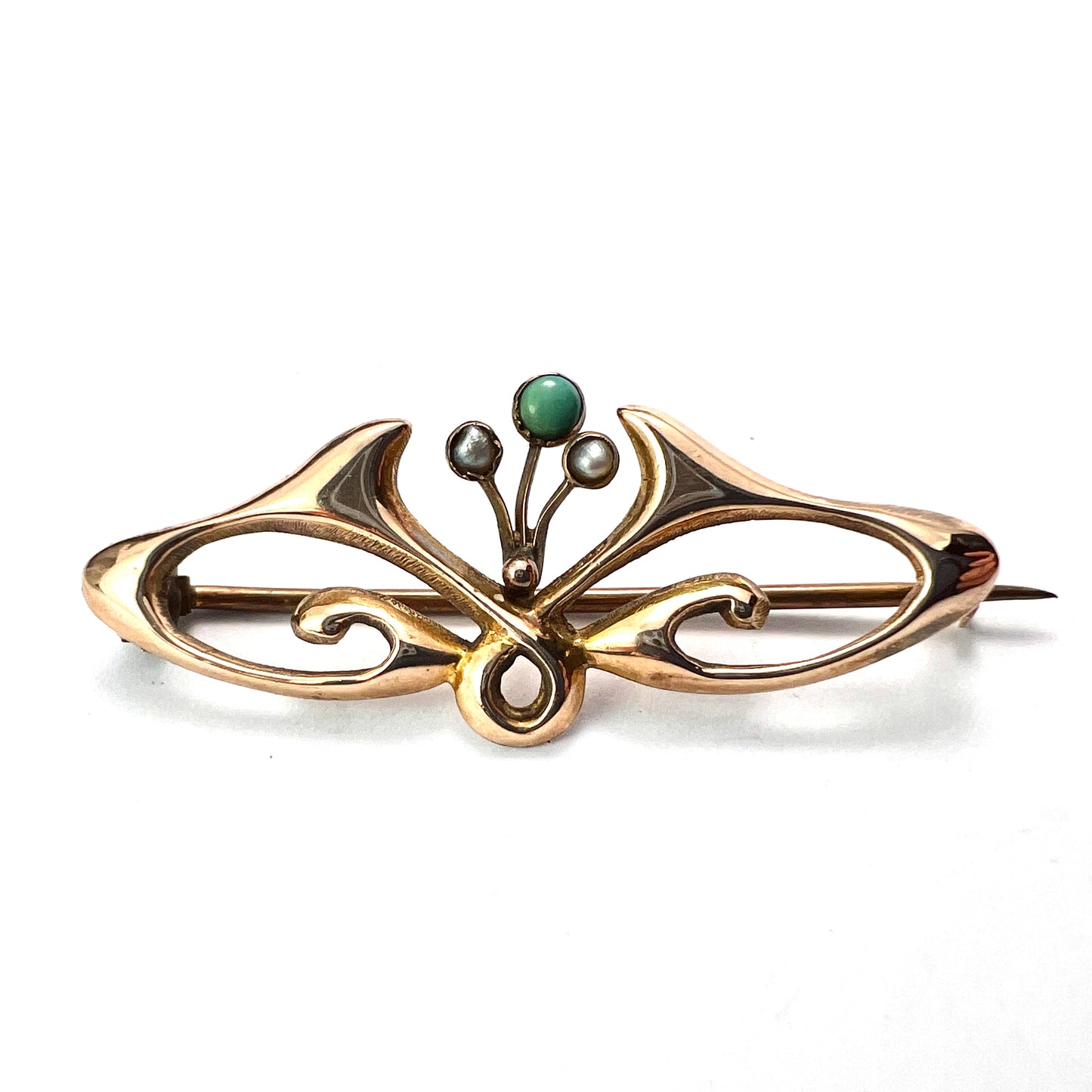 Victorian Art Nouveau Turquoise and Pearl Gold Brooch