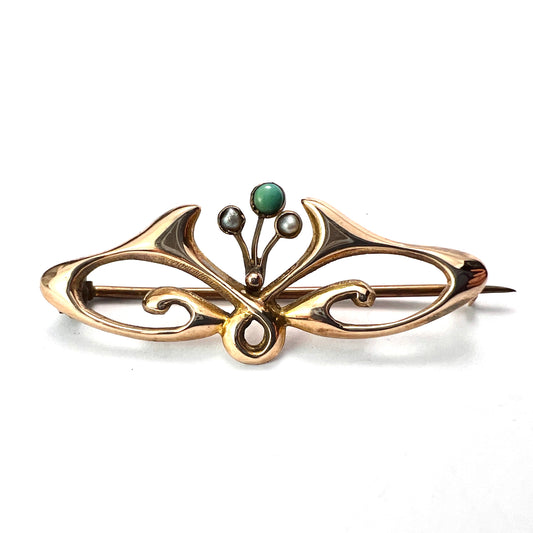 Victorian Art Nouveau Turquoise and Pearl Gold Brooch