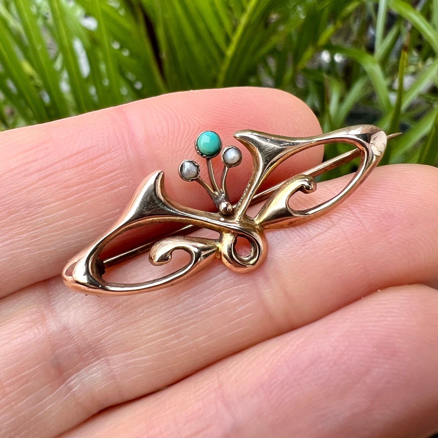 Victorian Art Nouveau Turquoise and Pearl Gold Brooch