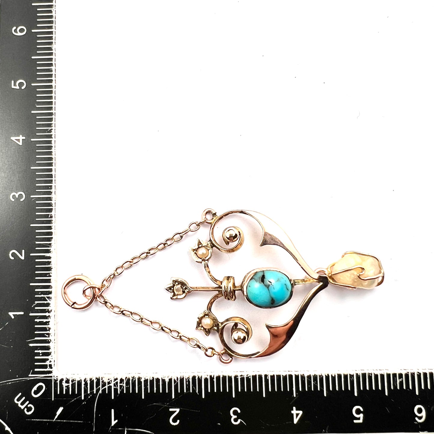 Edwardian Turquoise and Pearl Gold Chain Pendant Necklace