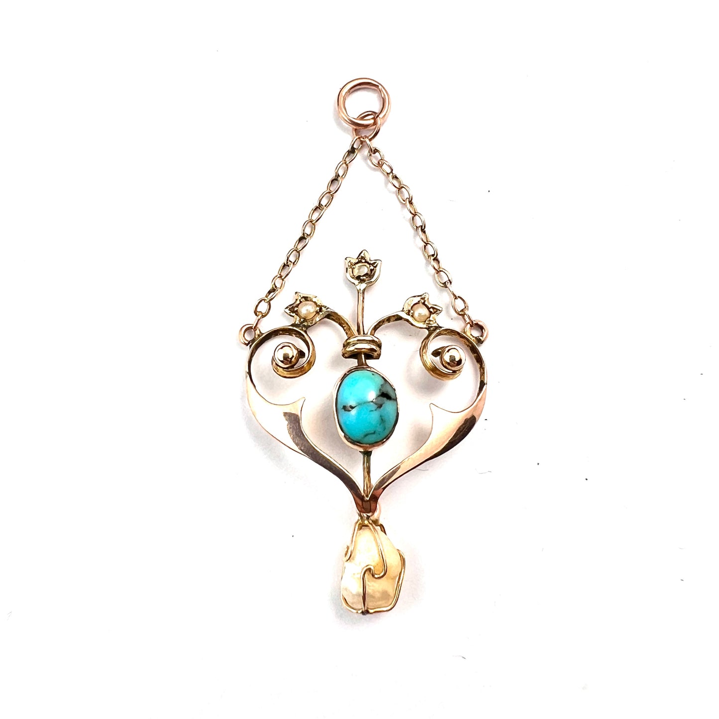 Edwardian Turquoise and Pearl Gold Chain Pendant Necklace