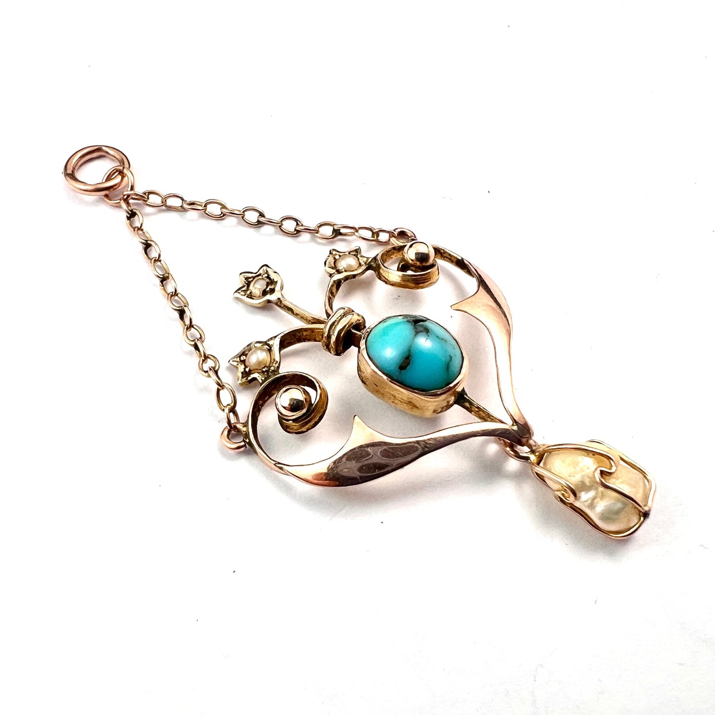 Edwardian Turquoise and Pearl Gold Chain Pendant Necklace