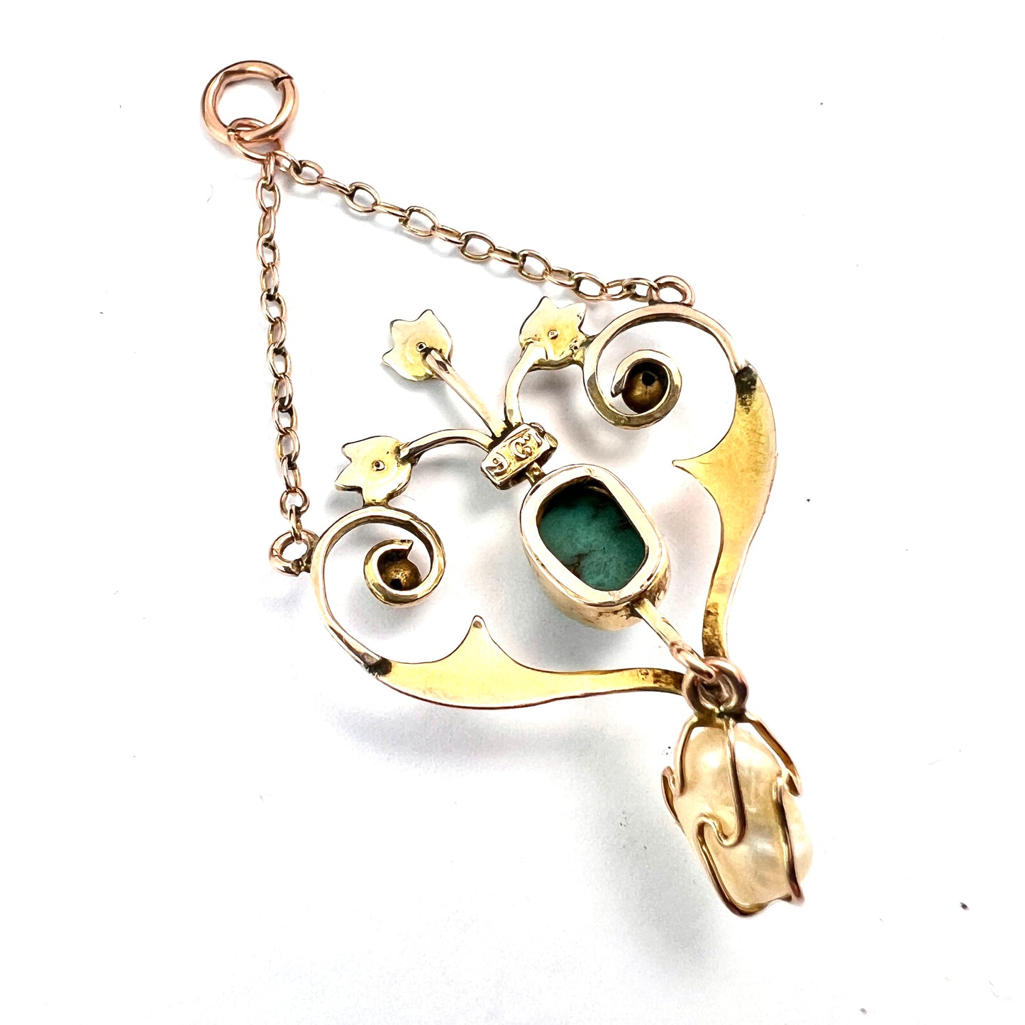 Edwardian Turquoise and Pearl Gold Chain Pendant Necklace