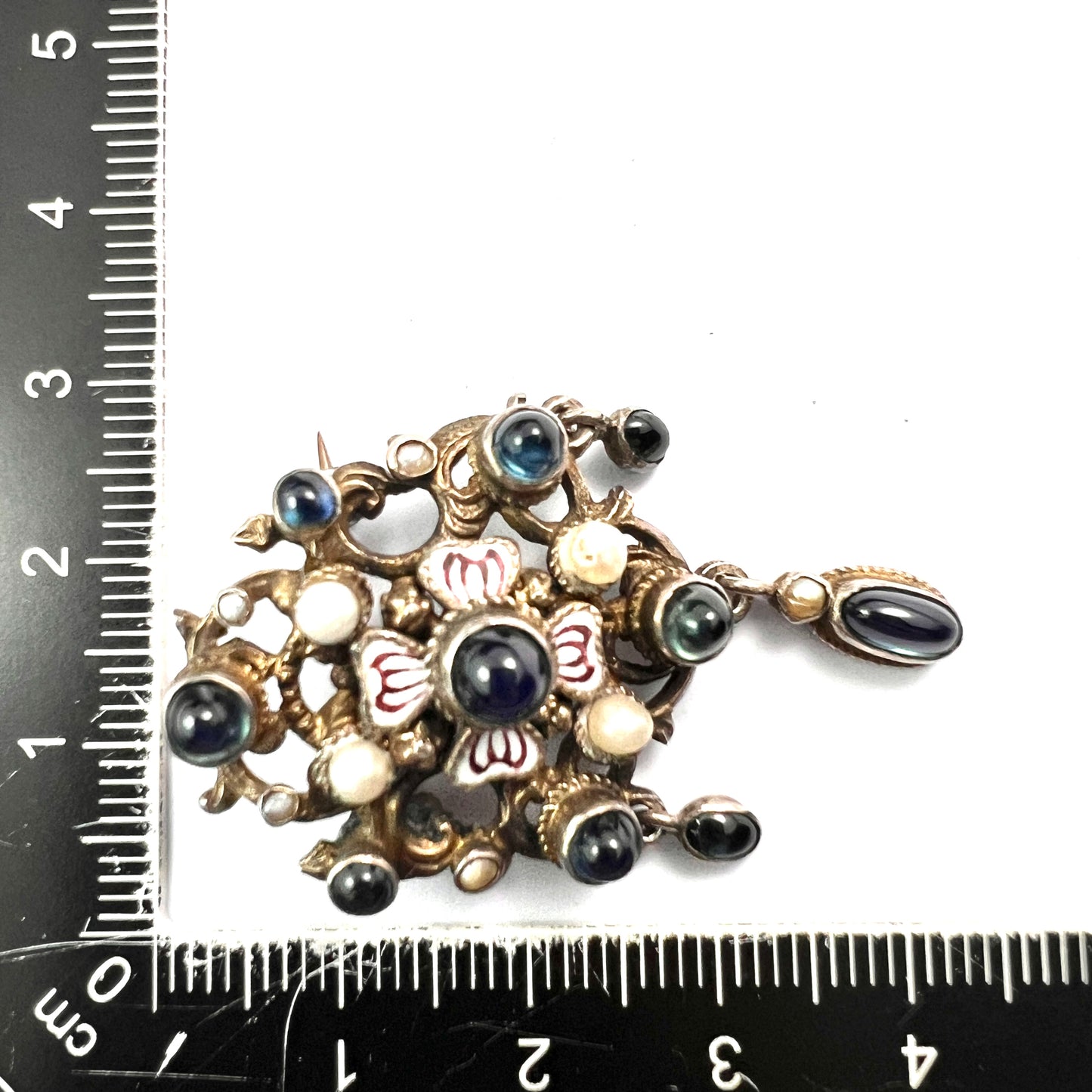 Antique Austro-Hungarian Enamel and Pearl Silver Gilt Brooch