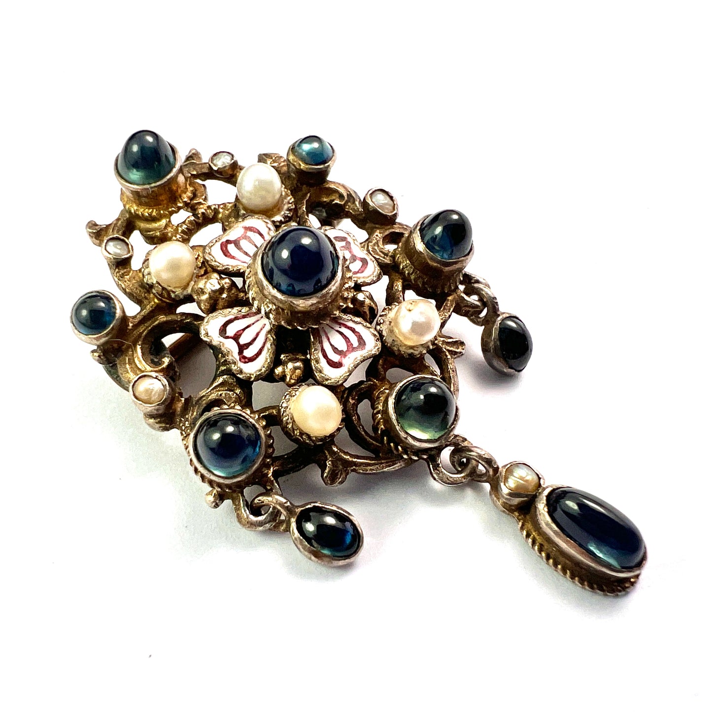 Antique Austro-Hungarian Enamel and Pearl Silver Gilt Brooch