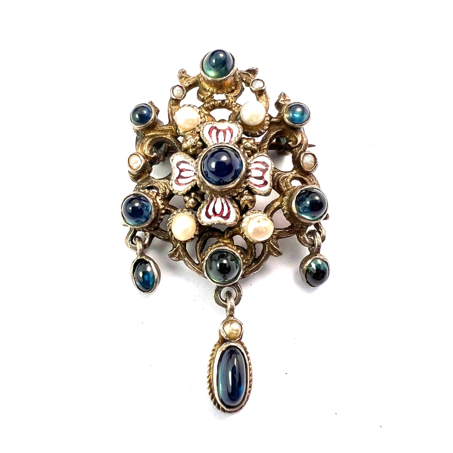 Antique Austro-Hungarian Enamel and Pearl Silver Gilt Brooch