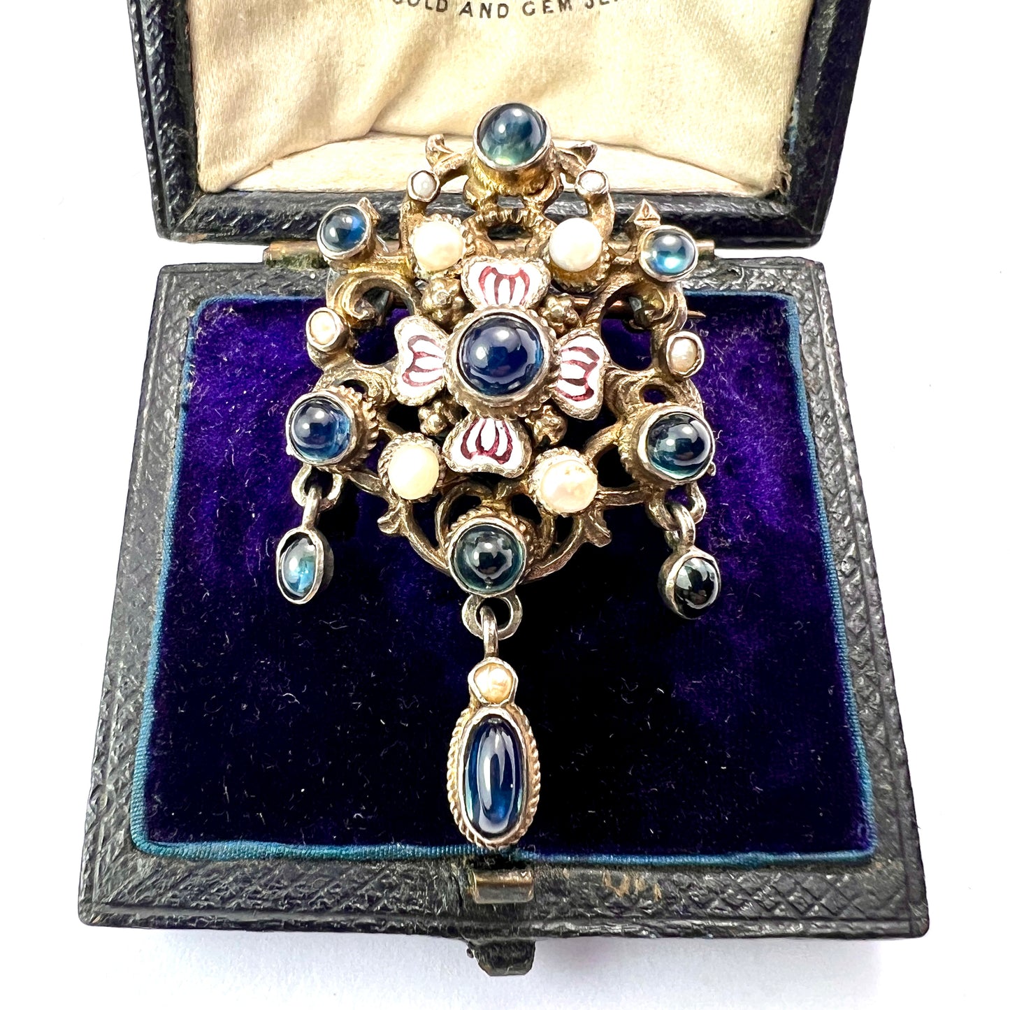 Antique Austro-Hungarian Enamel and Pearl Silver Gilt Brooch