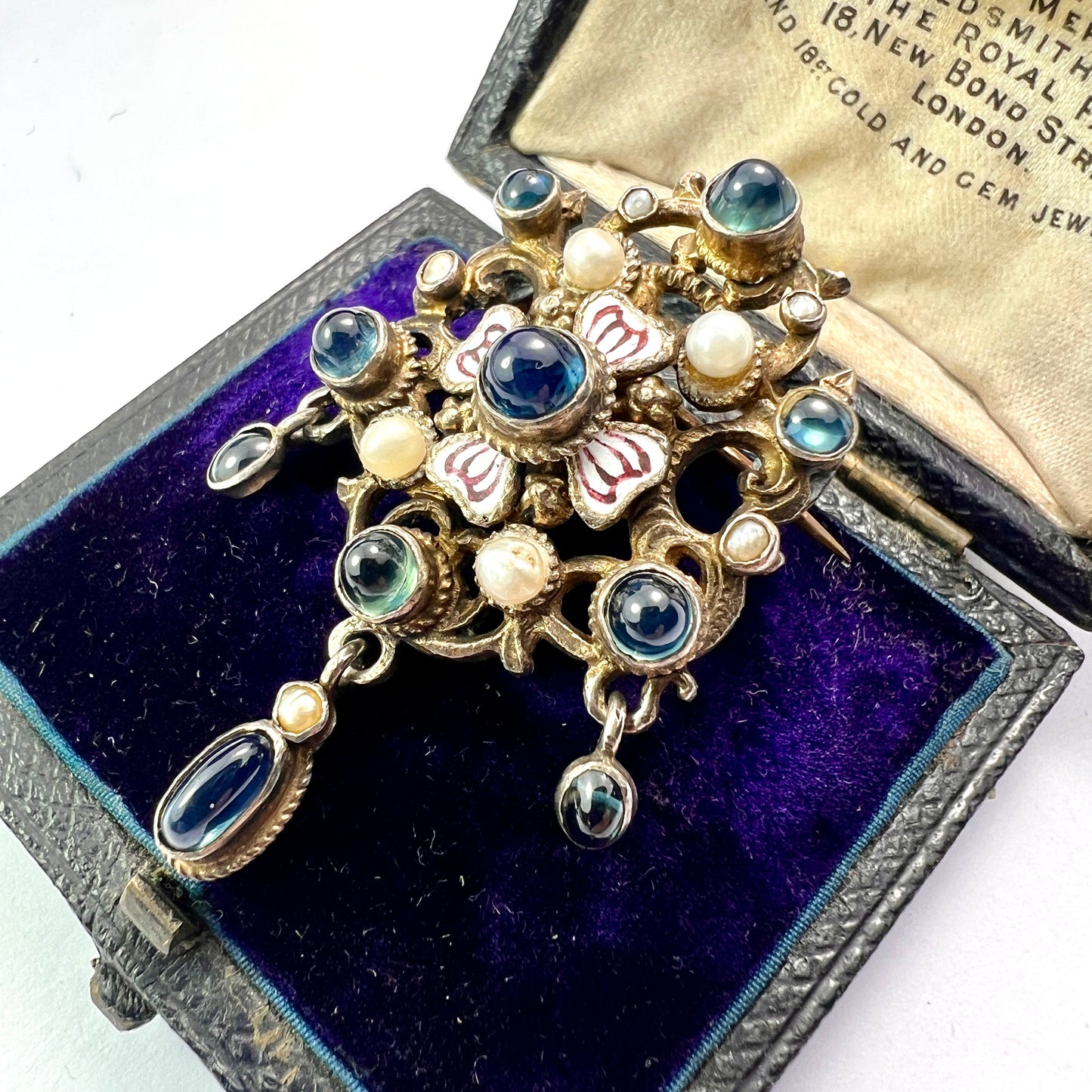 Antique Austro-Hungarian Enamel and Pearl Silver Gilt Brooch