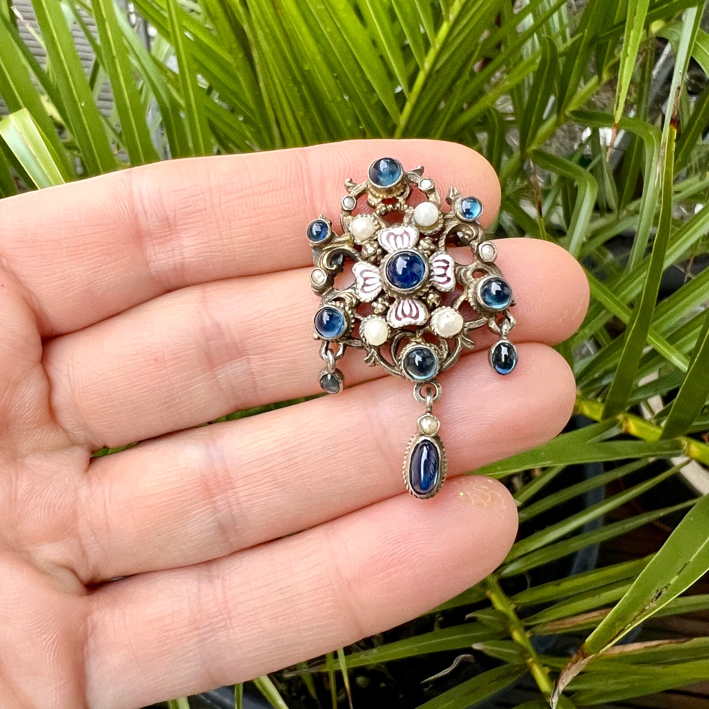 Antique Austro-Hungarian Enamel and Pearl Silver Gilt Brooch