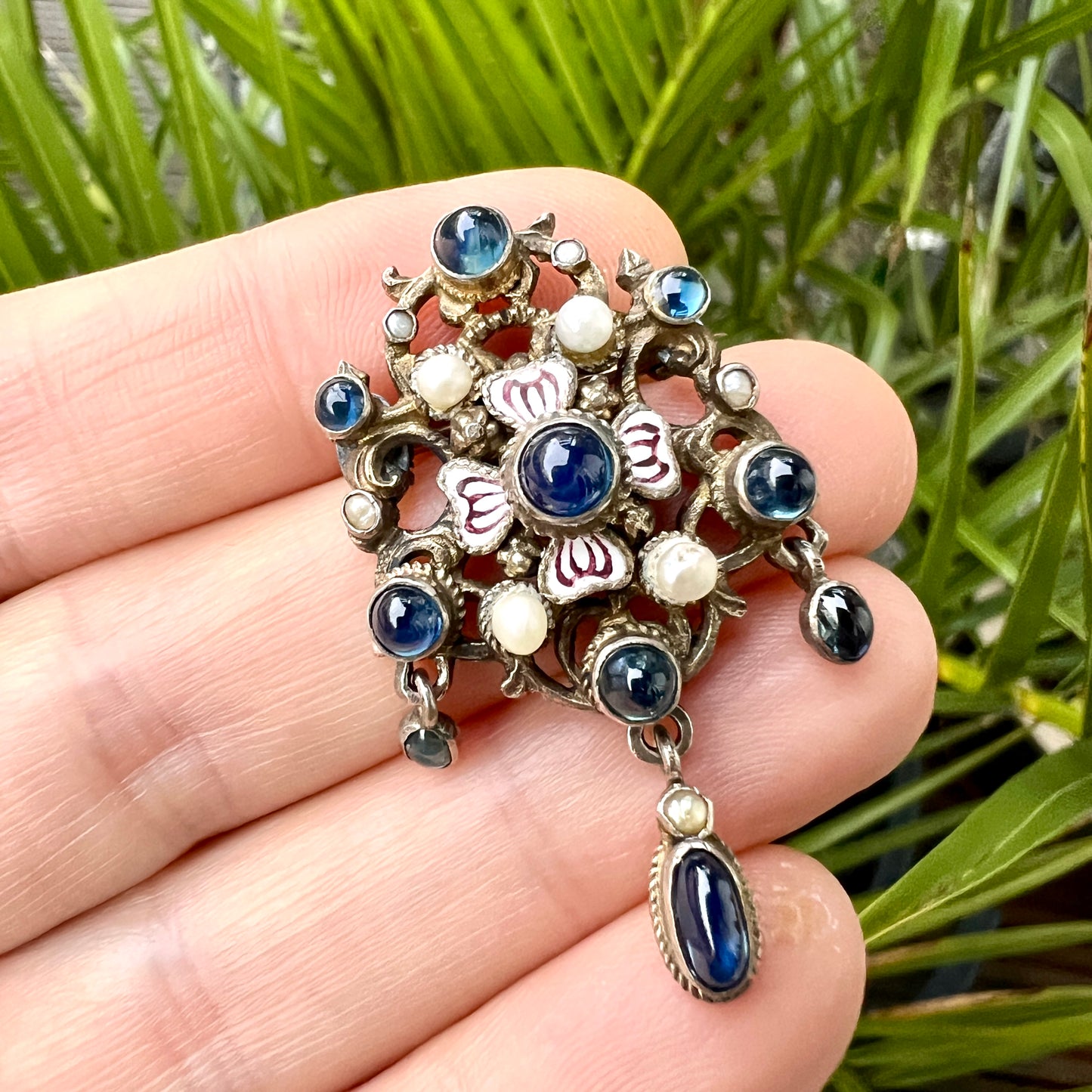 Antique Austro-Hungarian Enamel and Pearl Silver Gilt Brooch