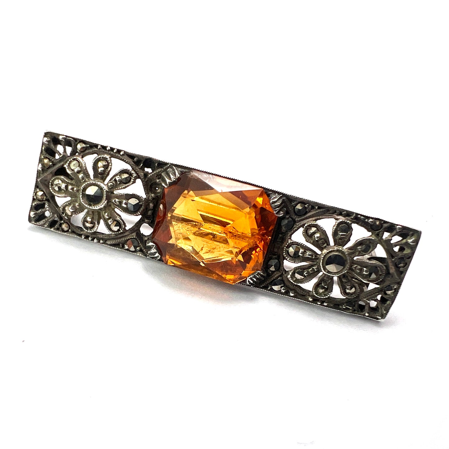 Edwardian Silver Citrine Marcasite Brooch